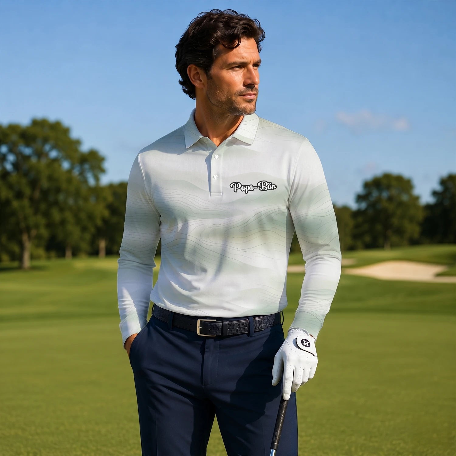 Personalised White Sage Green Abstract Wave Golf Polo Shirt For Men F8070