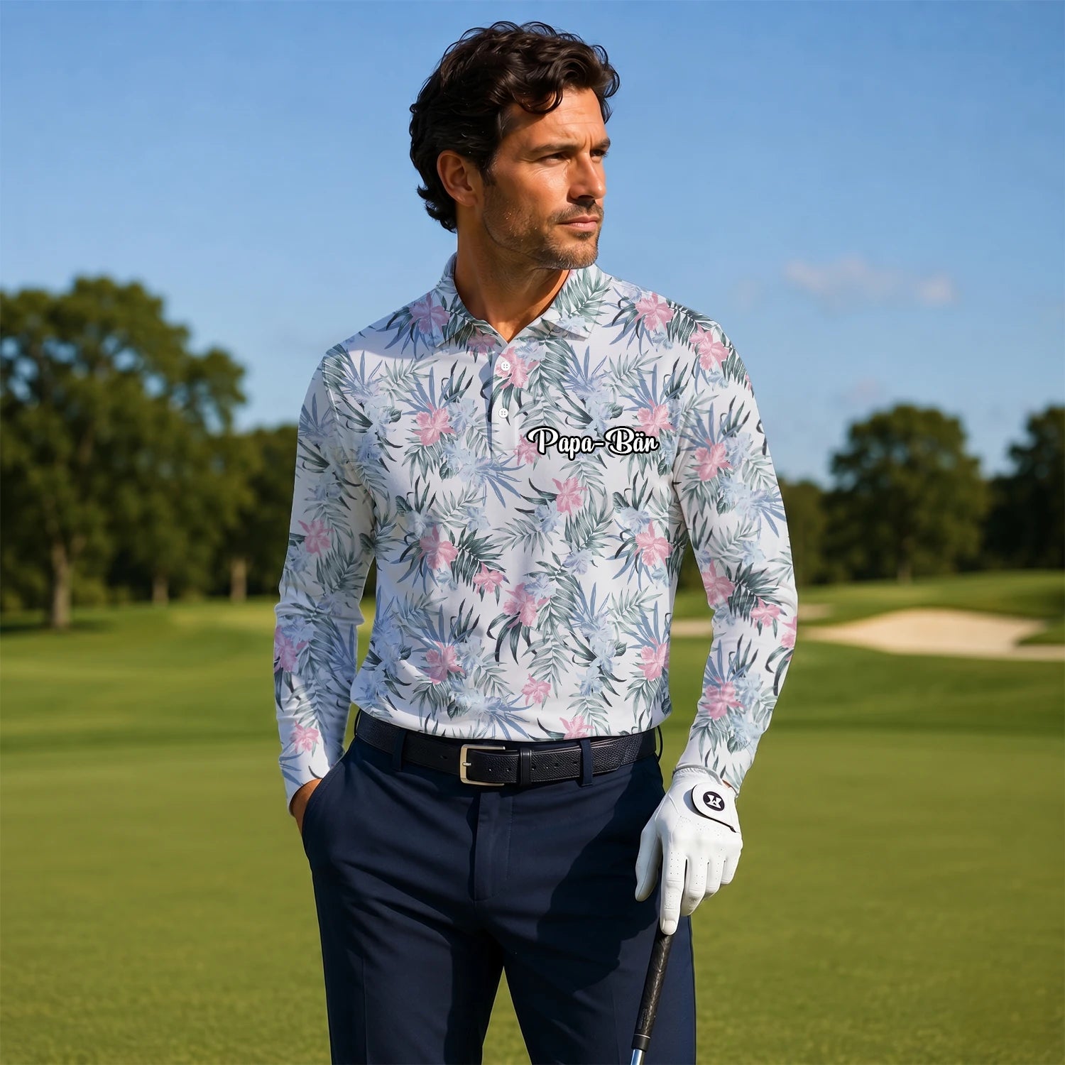 Personalised White Pink Tropical Floral Leaf Golf Polo Shirt For Men C1037