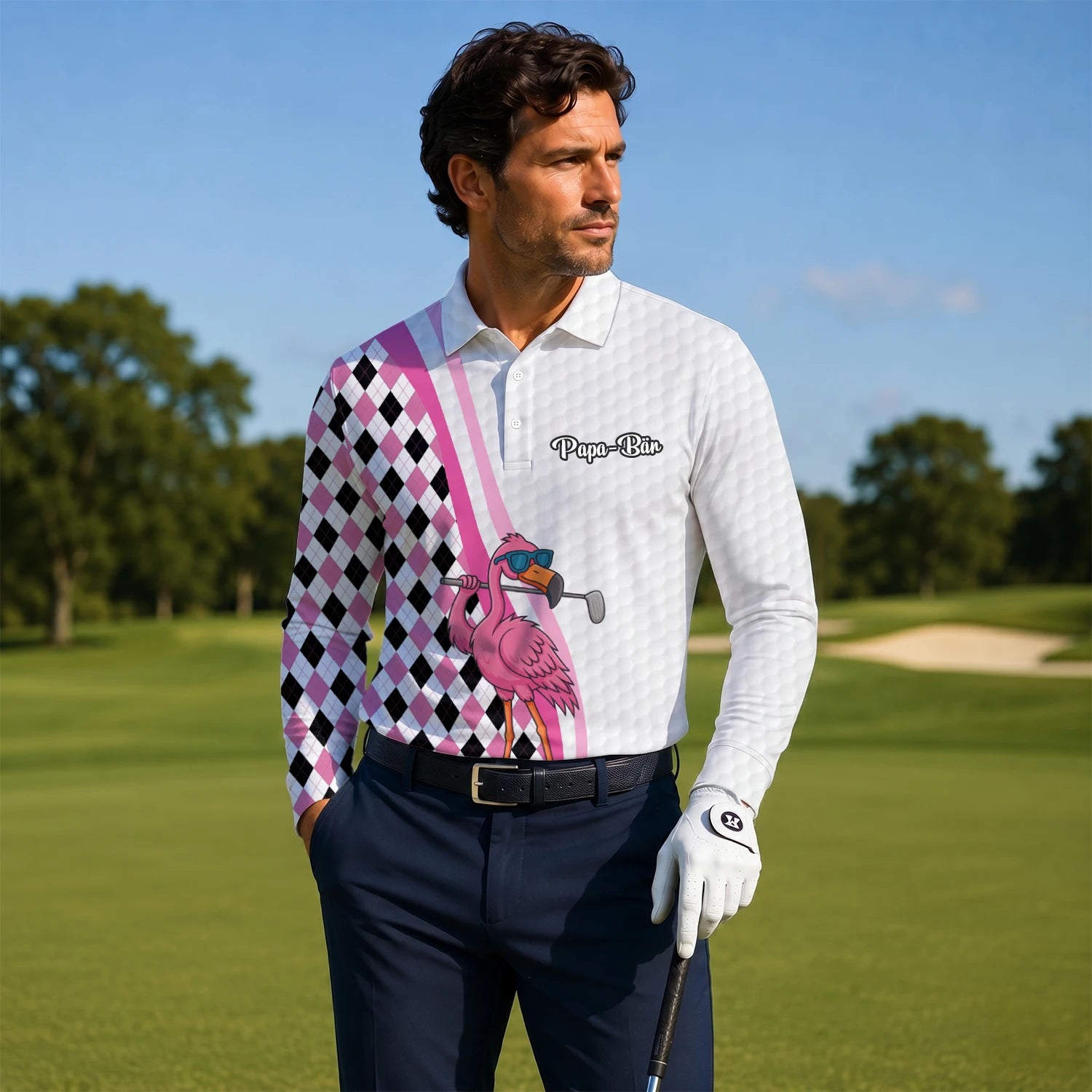 Personalised White Pink Flamingo Golfer Argyle Golf Polo Shirt For Men G3697