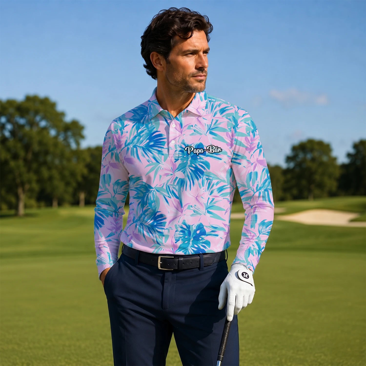 Personalised Pink Blue Tropical Leaf Golf Polo Shirt For Men K0497