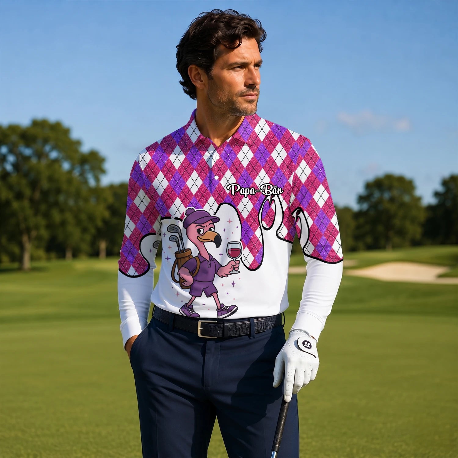 Personalised Pink Purple Argyle Ostrich Golfer Cartoon Golf Polo Shirt For Men D7000