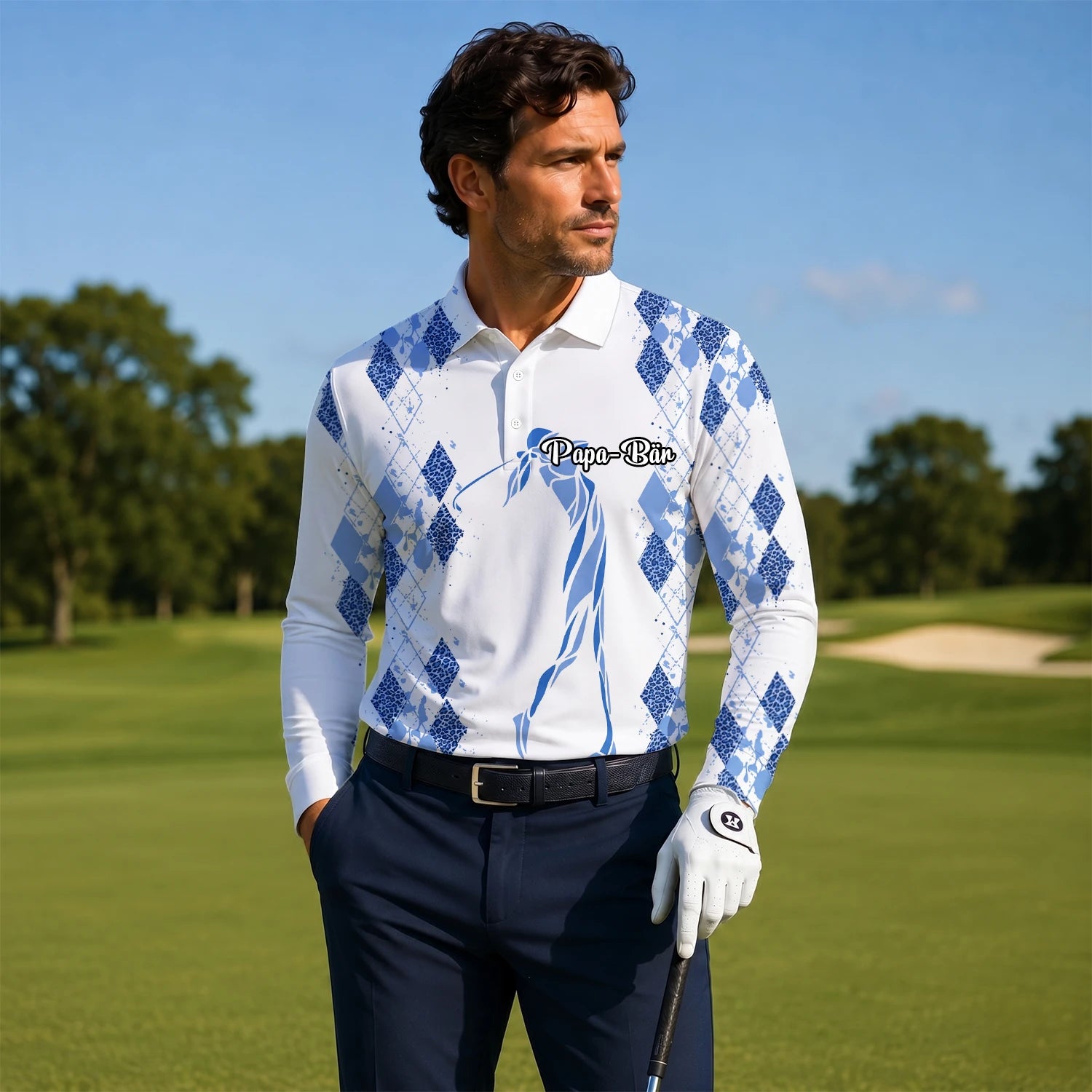 Personalised White Blue Argyle Golfer Silhouette Golf Polo Shirt For Men M6672