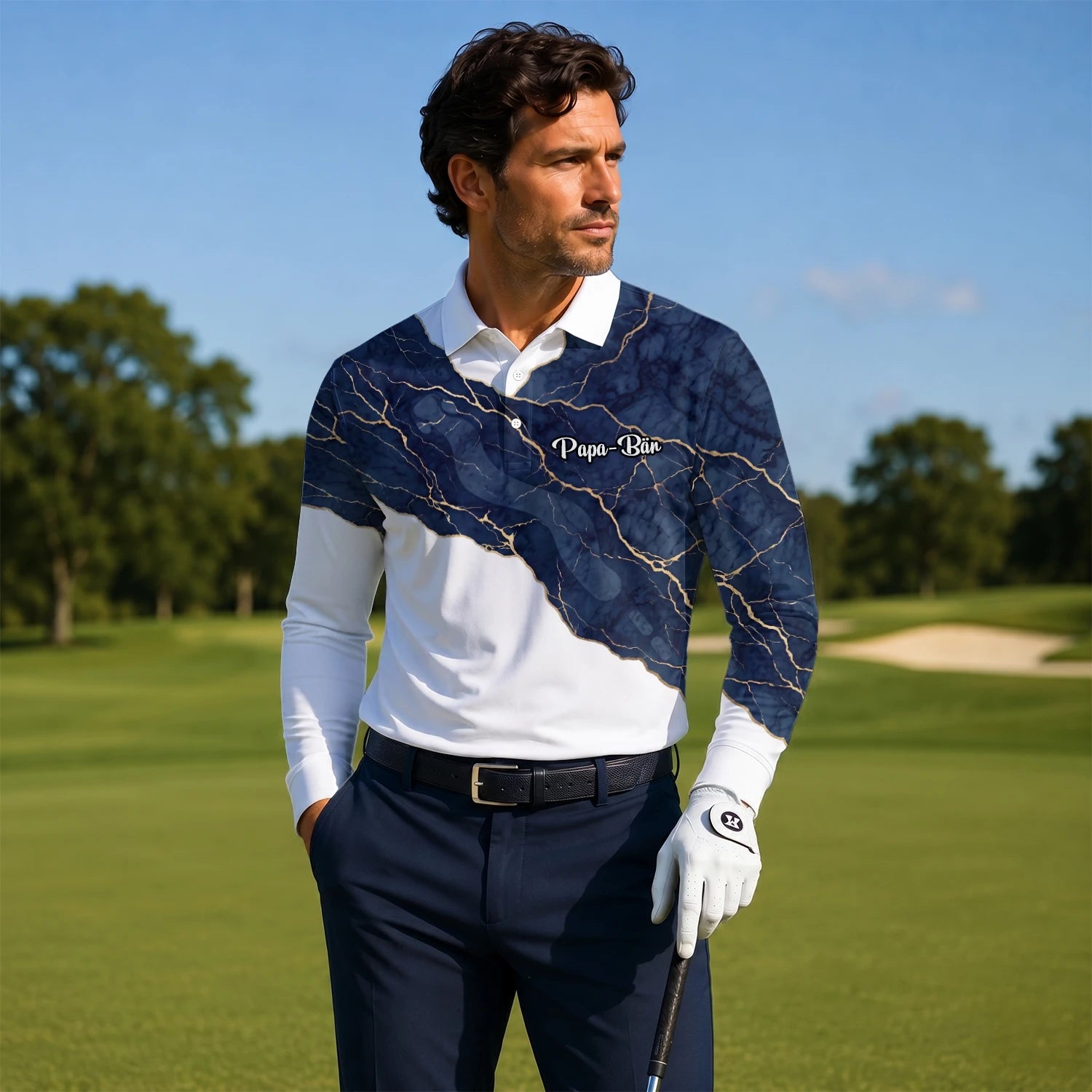 Personalised White Navy Marble Gold Vein Golf Polo Shirt For Men B4939