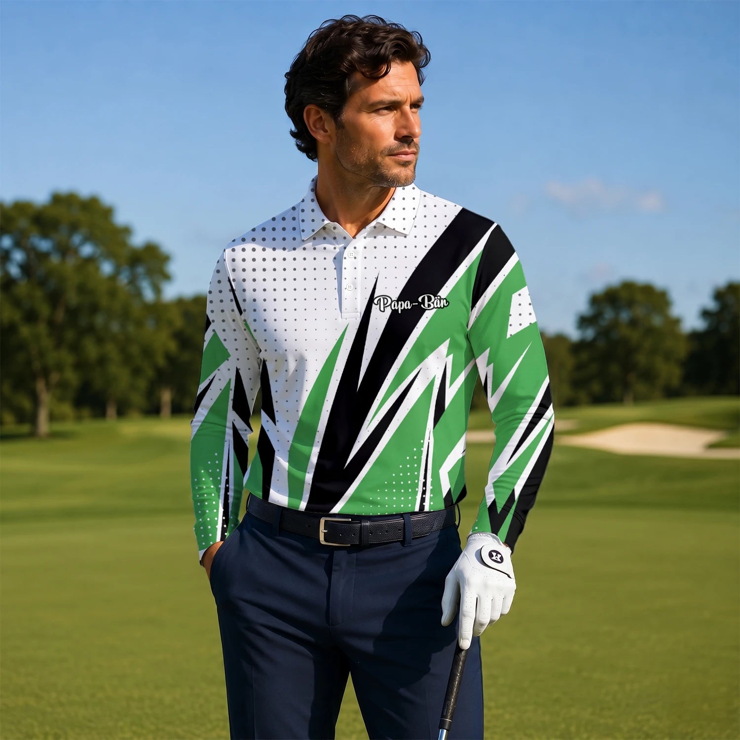 Personalised White Green Black Abstract Stripe Golf Polo Shirt For Men C9494
