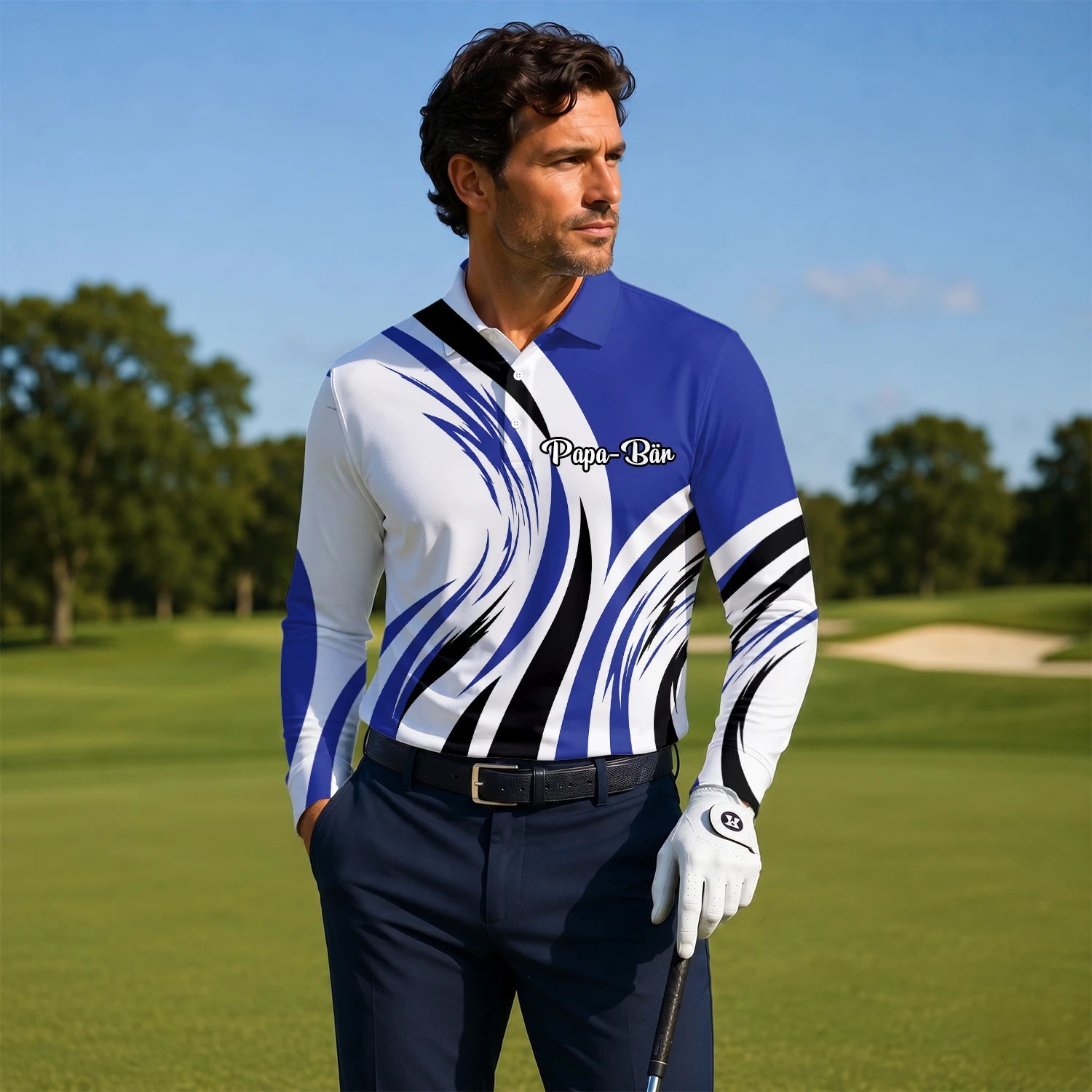 Personalised White Blue Black Abstract Wave Golf Polo Shirt For Men V7849
