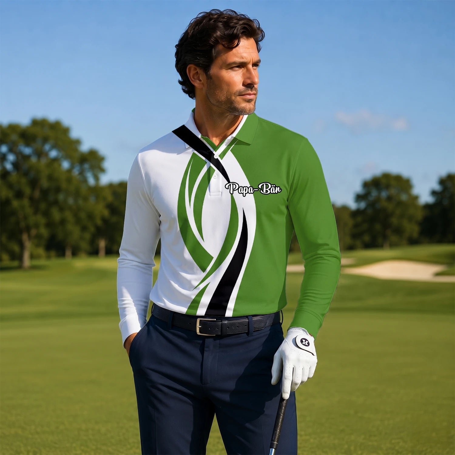Personalised White Green Black Abstract Wave Golf Polo Shirt For Men P7352