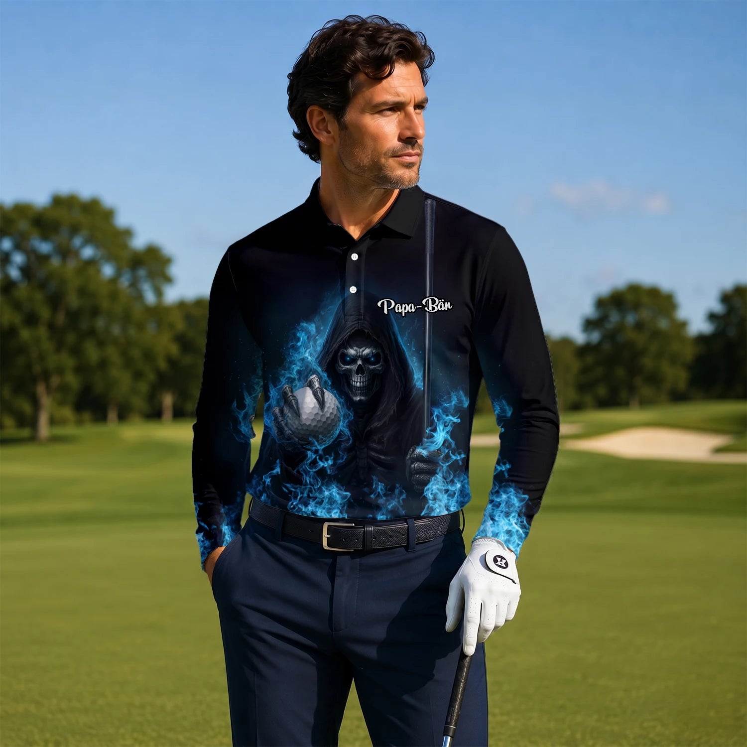 Personalised Black Blue Skull Golf Ball Lightning Golf Polo Shirt For Men N0793