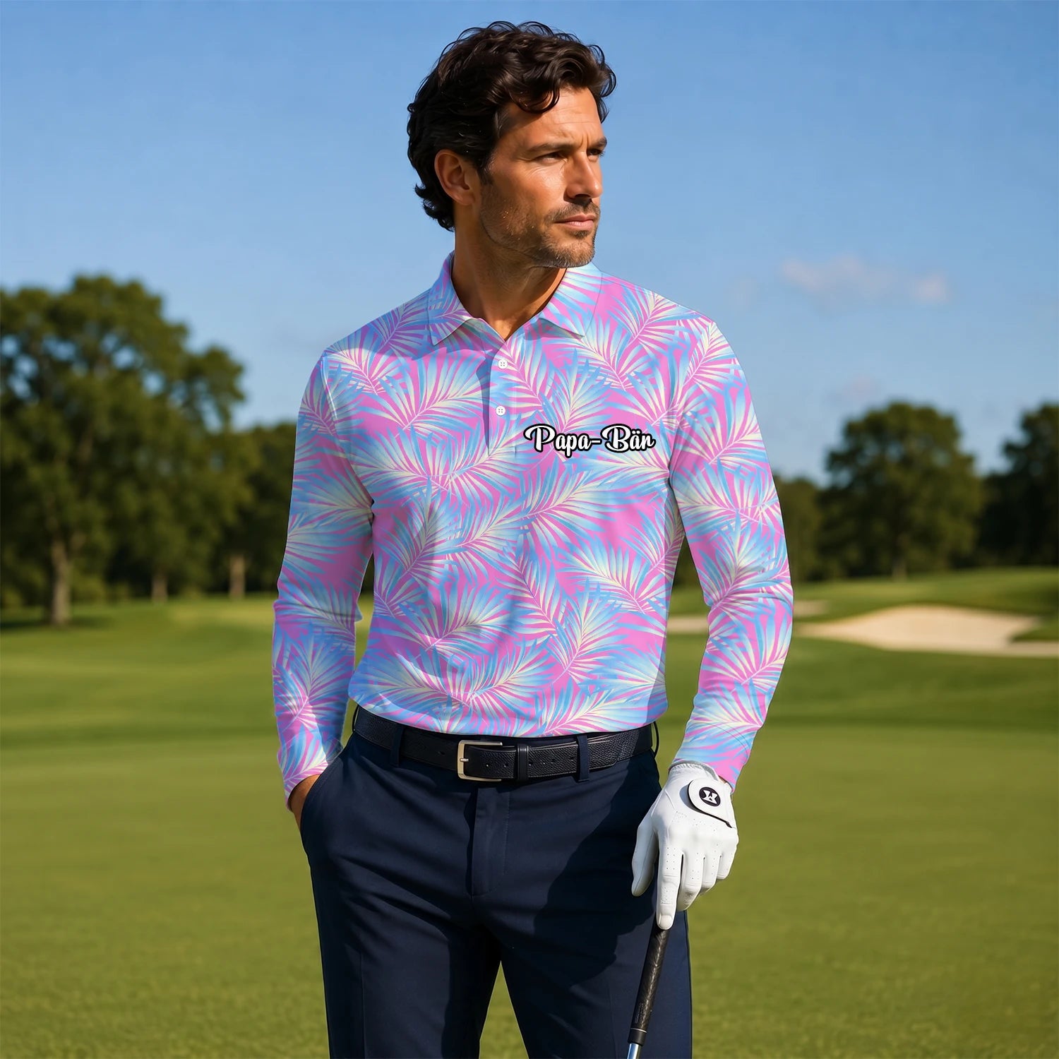 Personalised Pink Blue Palm Leaf Golf Polo Shirt For Men F1458