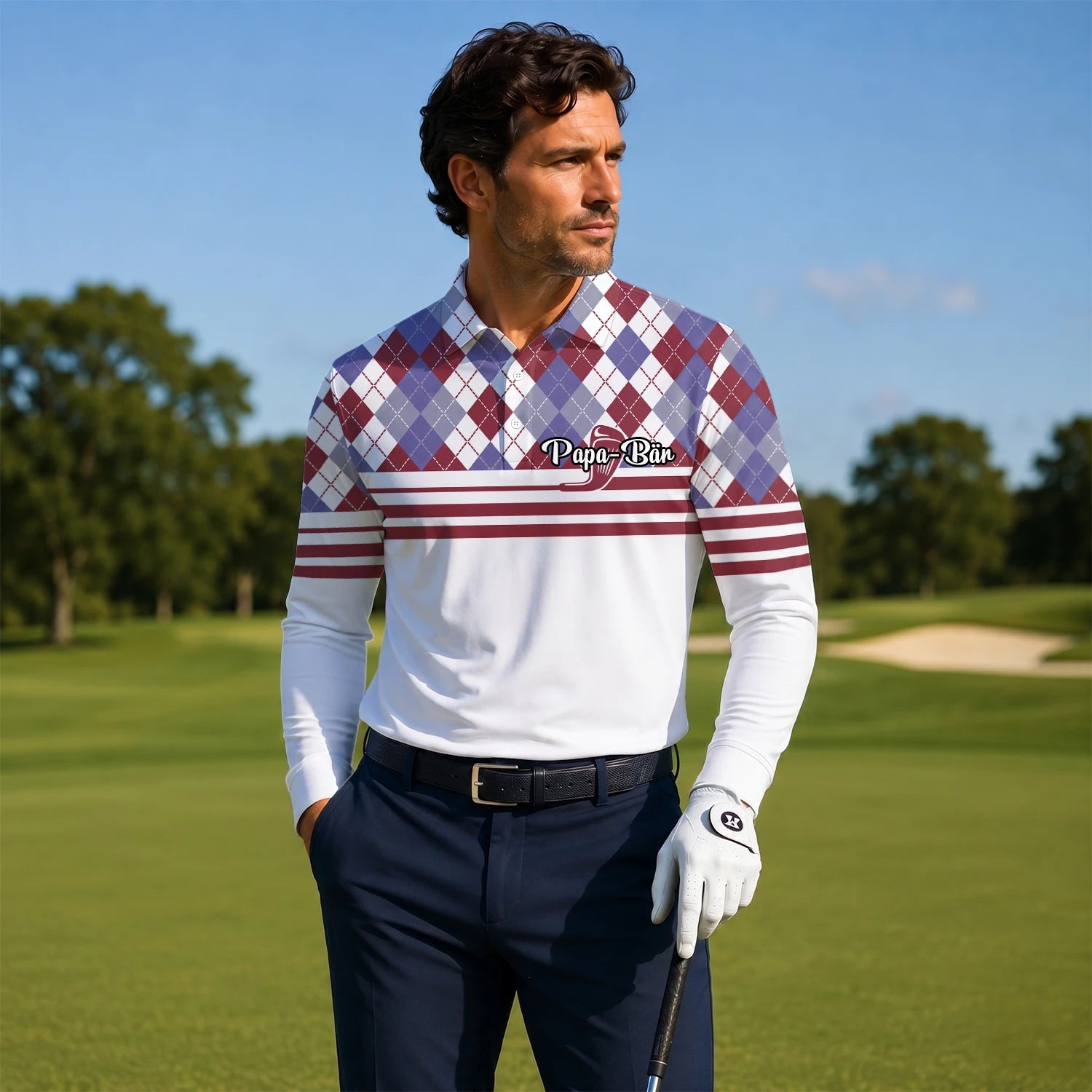 Personalised White Burgundy Argyle Golf Club Stripe Golf Polo Shirt For Men K9019