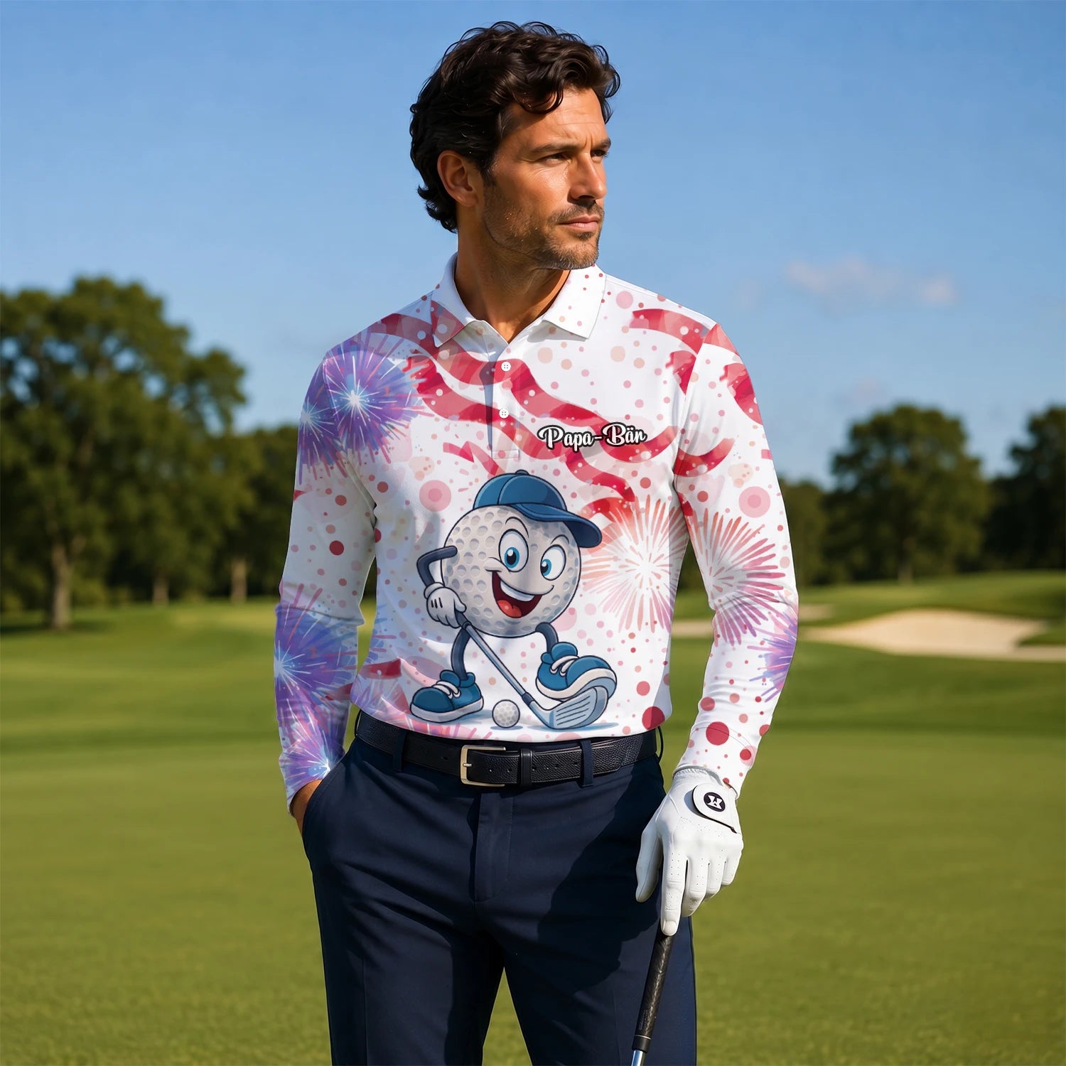 Personalised White Pink Golf Ball Cartoon Firework Golf Polo Shirt For Men C2083