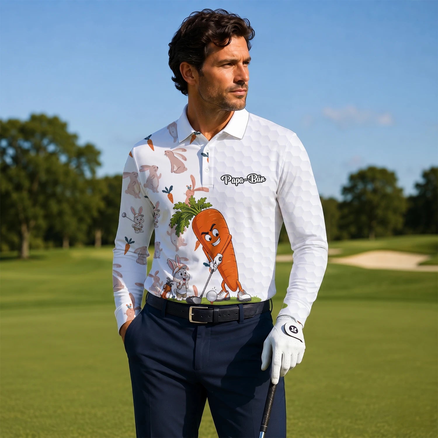 Personalised White Carrot Bunny Golfer Cartoon Golf Polo Shirt For Men Y6359
