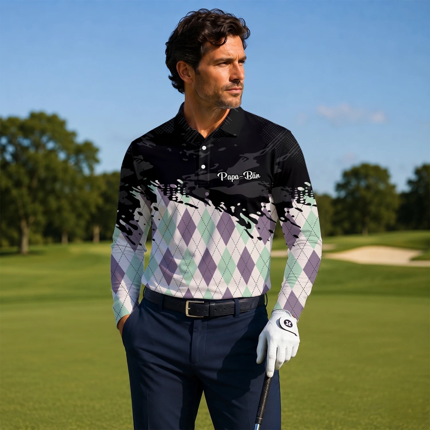 Personalised Black Mint Purple Argyle Paint Splash Golf Polo Shirt For Men C5124