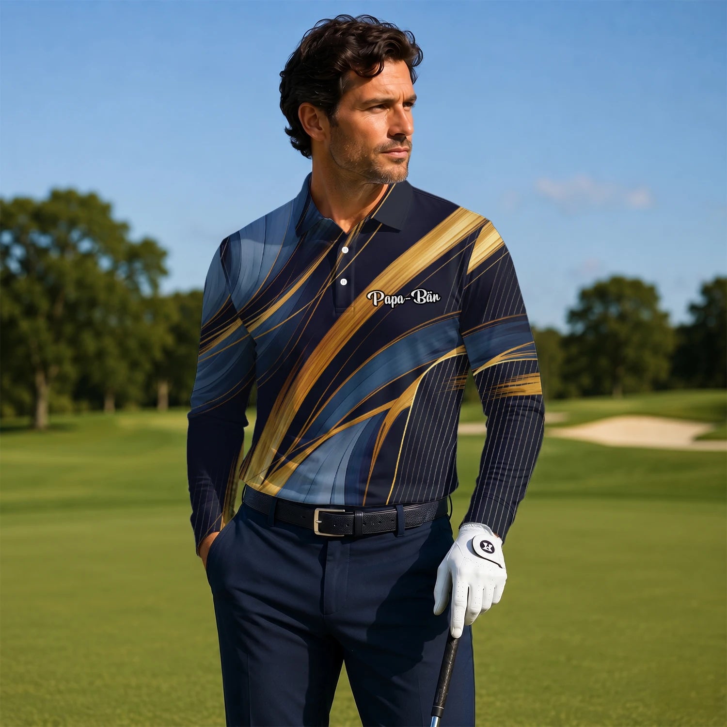 Personalised Navy Gold Abstract Ribbon Golf Polo Shirt For Men V6882