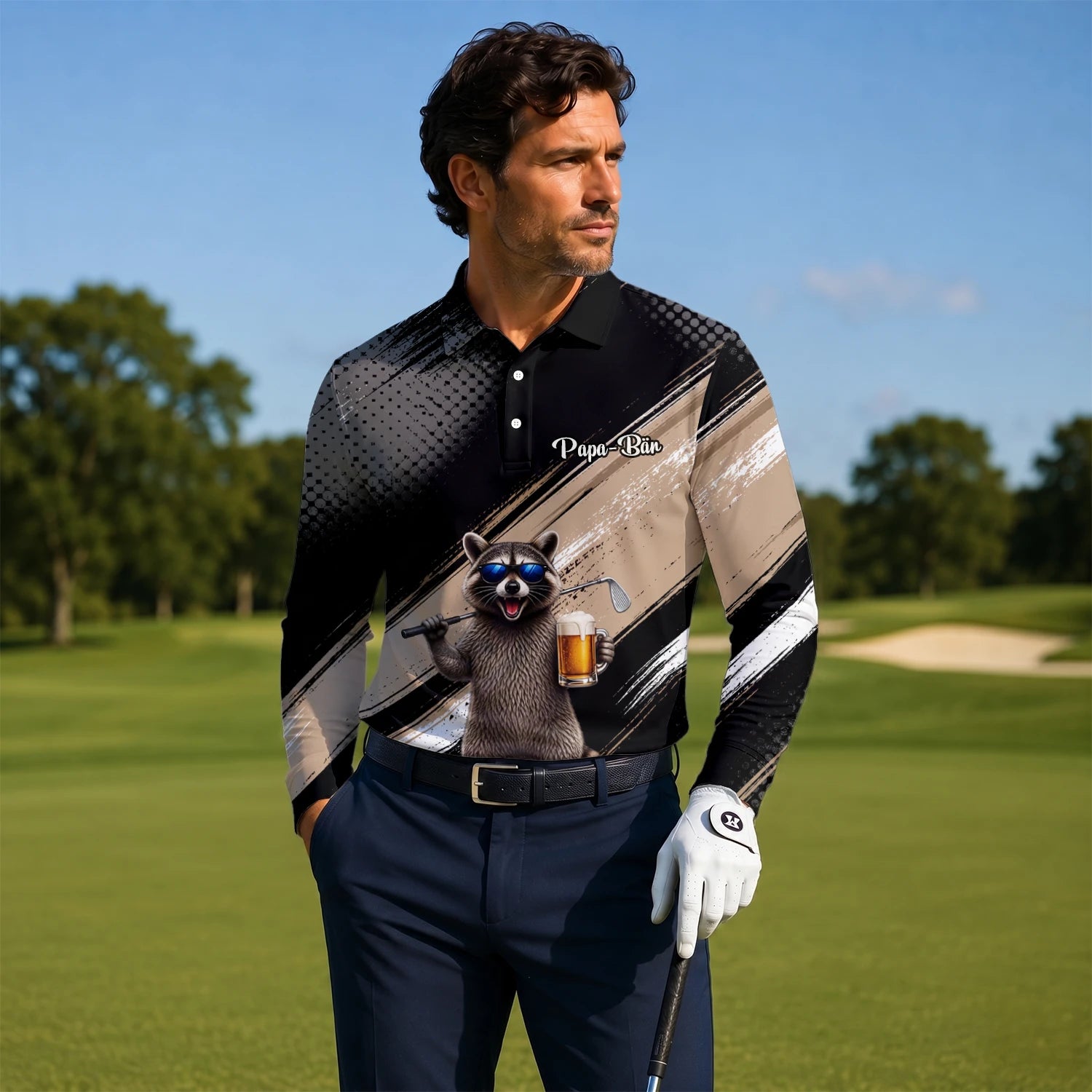 Personalised Black Beige Raccoon Beer Golfer Cartoon Golf Polo Shirt For Men K7921
