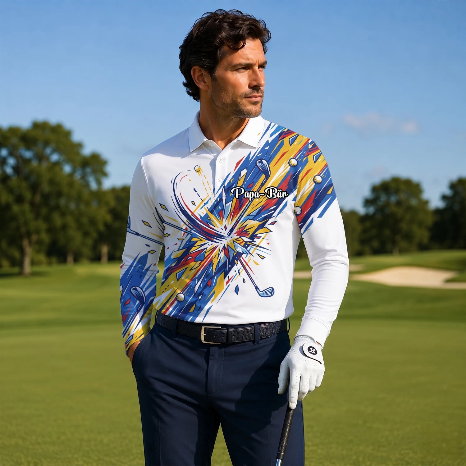 Personalised White Blue Abstract Golf Swing Burst Golf Polo Shirt For Men B2869