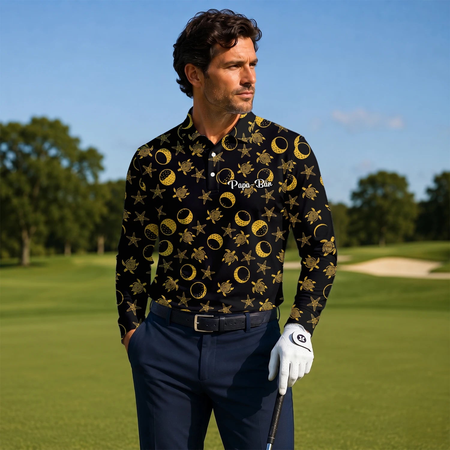 Personalised Black Gold Sea Turtle Moon Star Golf Polo Shirt For Men V4483