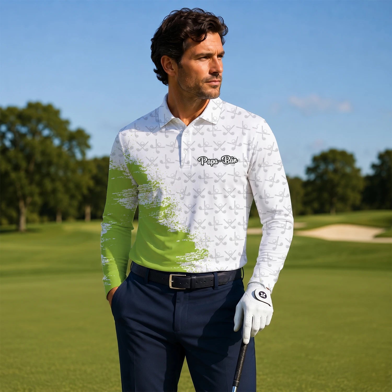 Personalised White Lime Golf Club Pattern Paint Splash Golf Polo Shirt For Men H4508