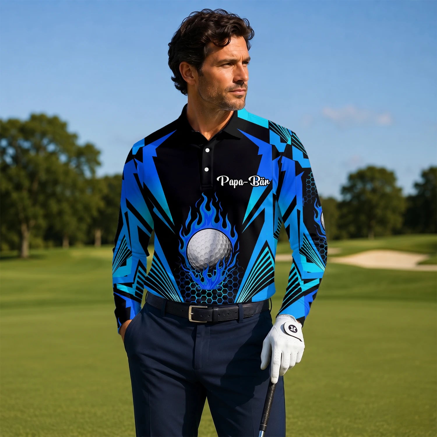 Personalised Black Blue Flaming Golf Ball Golf Polo Shirt For Men Y8576