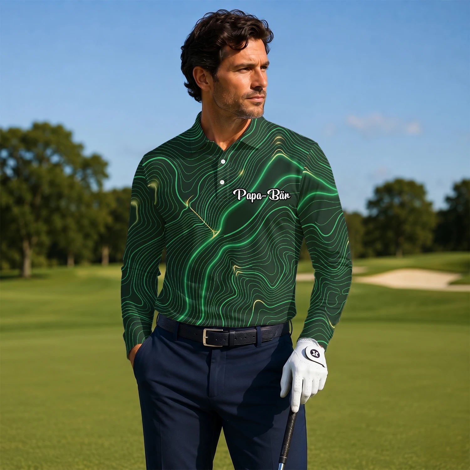 Personalised Green Black Topographic Line Golf Polo Shirt For Men E4992