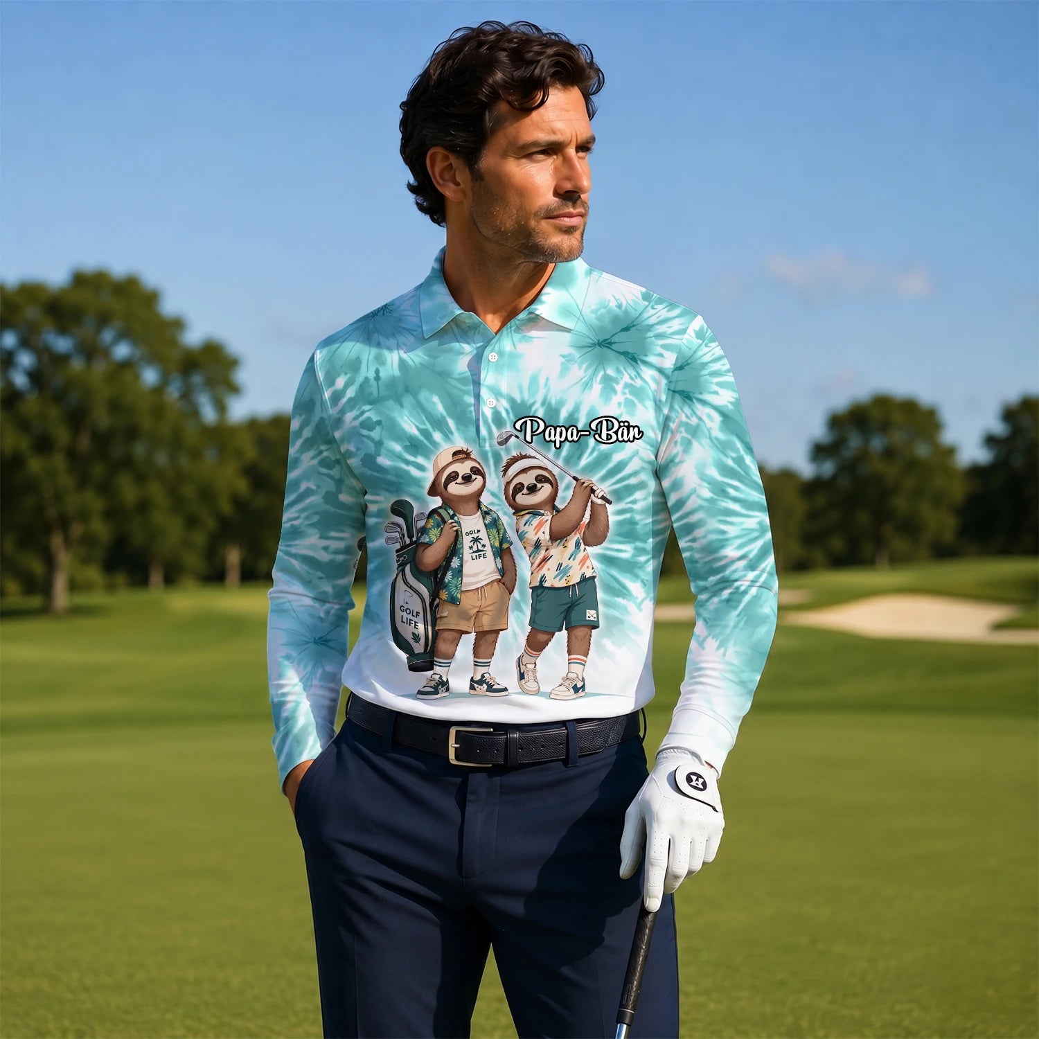 Personalised Turquoise Sloth Golfer Cartoon Golf Polo Shirt For Men C1614