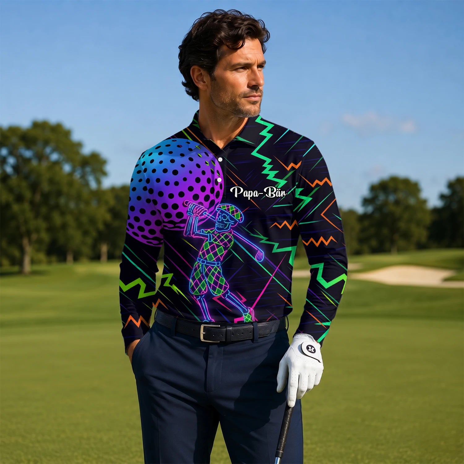 Personalised Black Neon Golfer Wireframe Golf Polo Shirt For Men L1481
