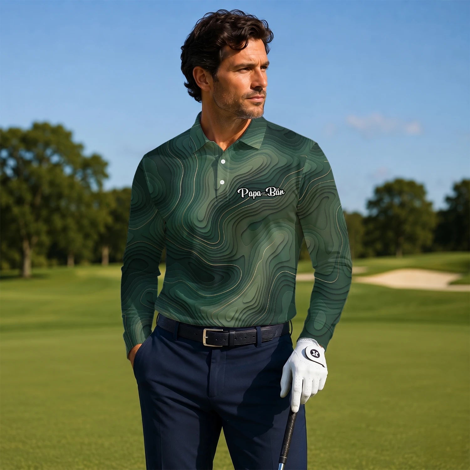 Personalised Green Topographic Contour Line Golf Polo Shirt For Men H2497