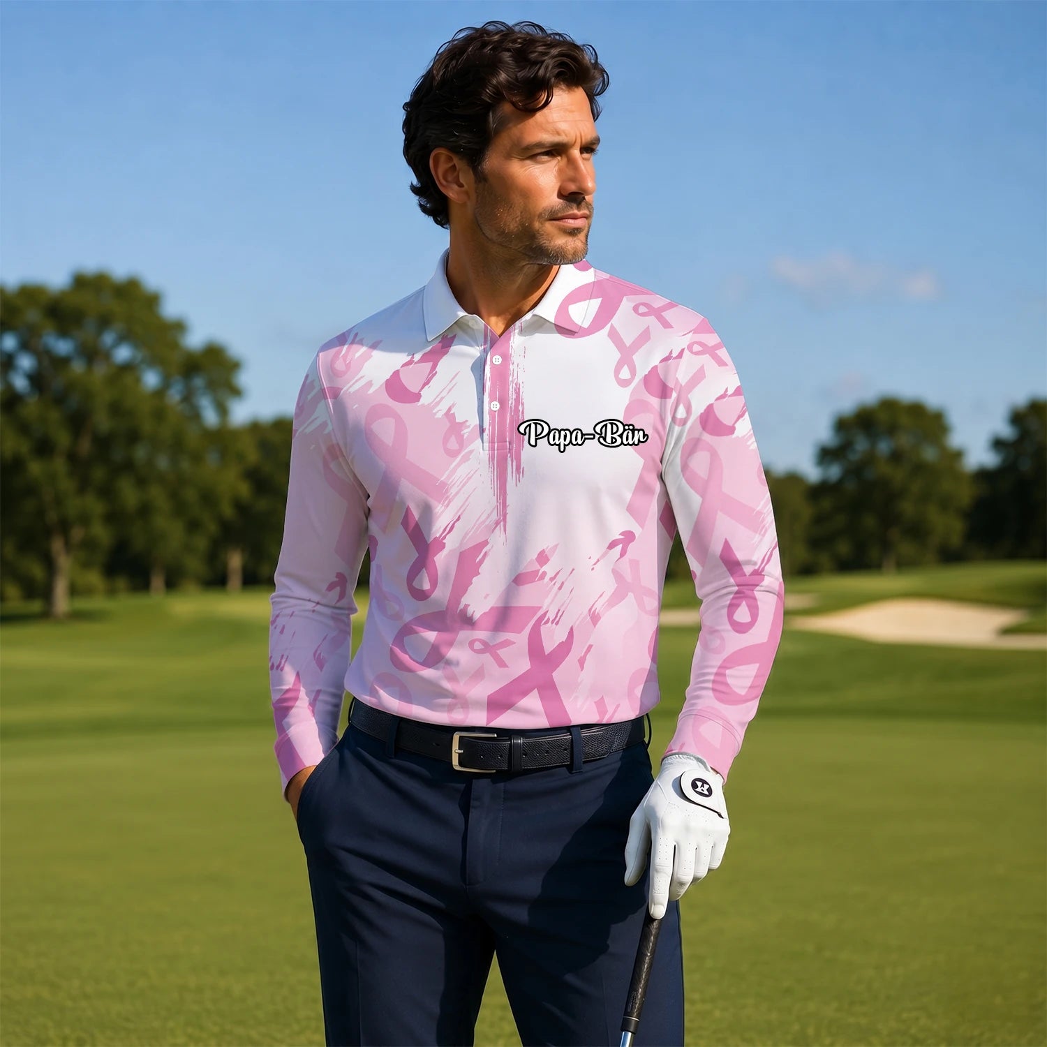 Personalised White Pink Breast Cancer Awareness Ribbon Brush Stroke Golf Polo Shirt For Men U4702