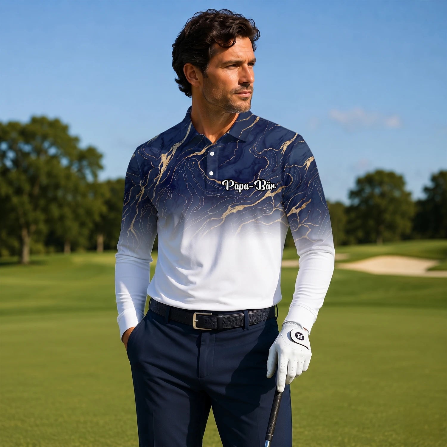 Personalised Navy White Marble Gold Vein Golf Polo Shirt For Men U5613