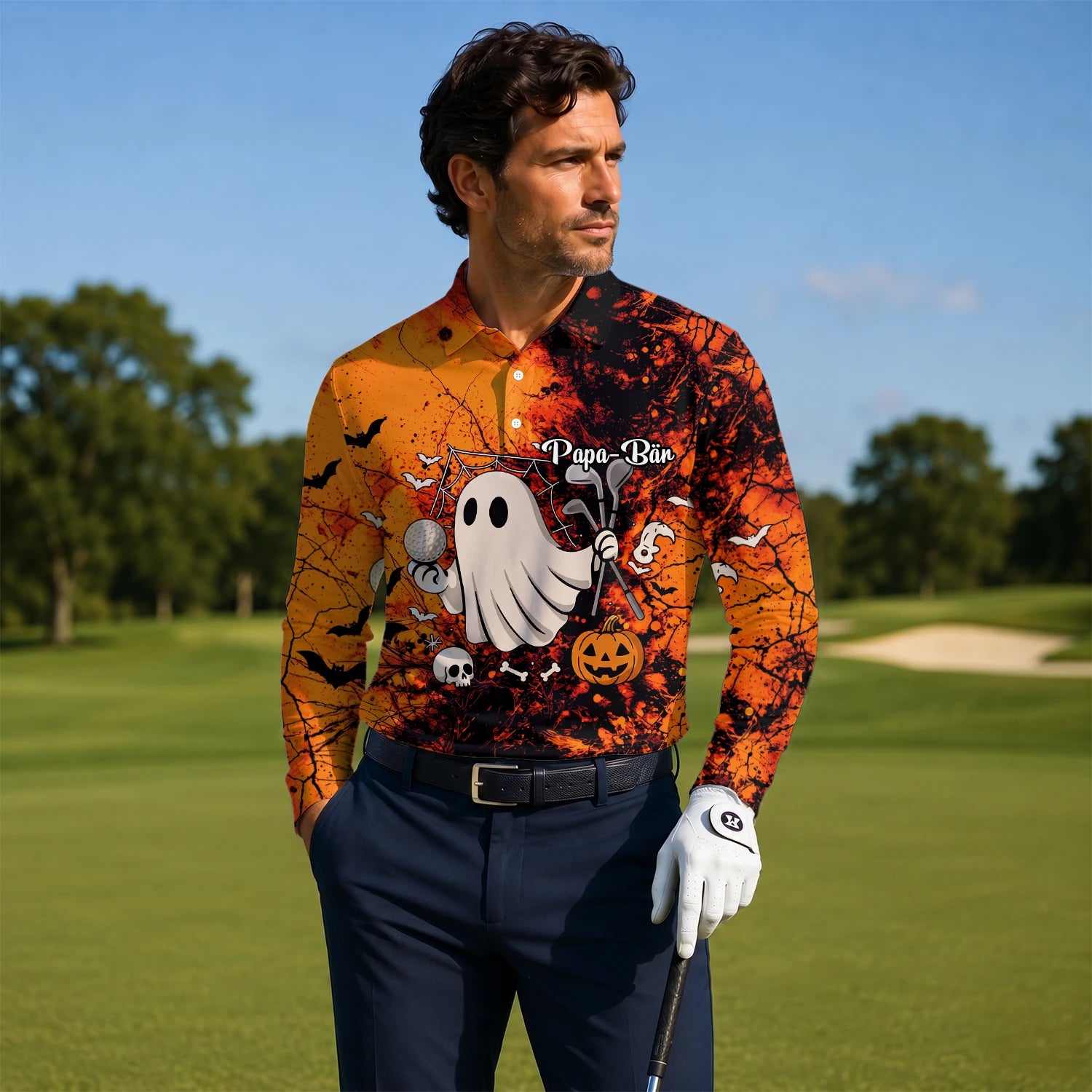 Personalised Orange Halloween Ghost Golfer Golf Polo Shirt For Men M0695