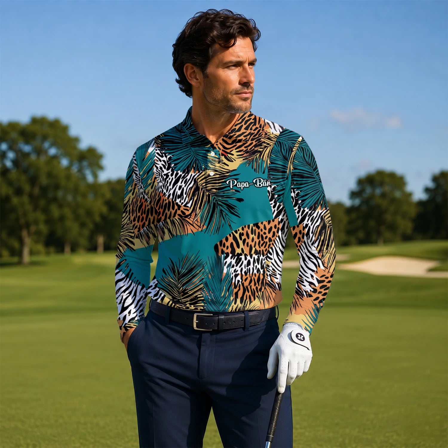 Personalised Teal Orange Tropical Palm Animal Print Golf Polo Shirt For Men A7122