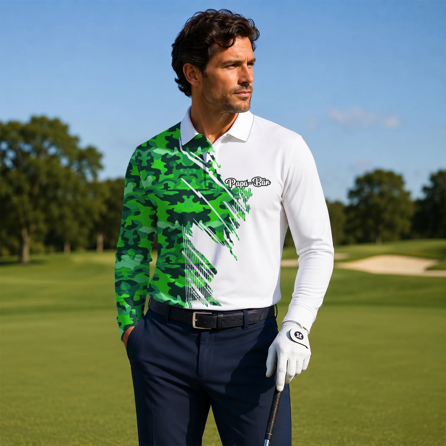 Personalised White Green Camo Brush Stripe Golf Polo Shirt For Men E9788