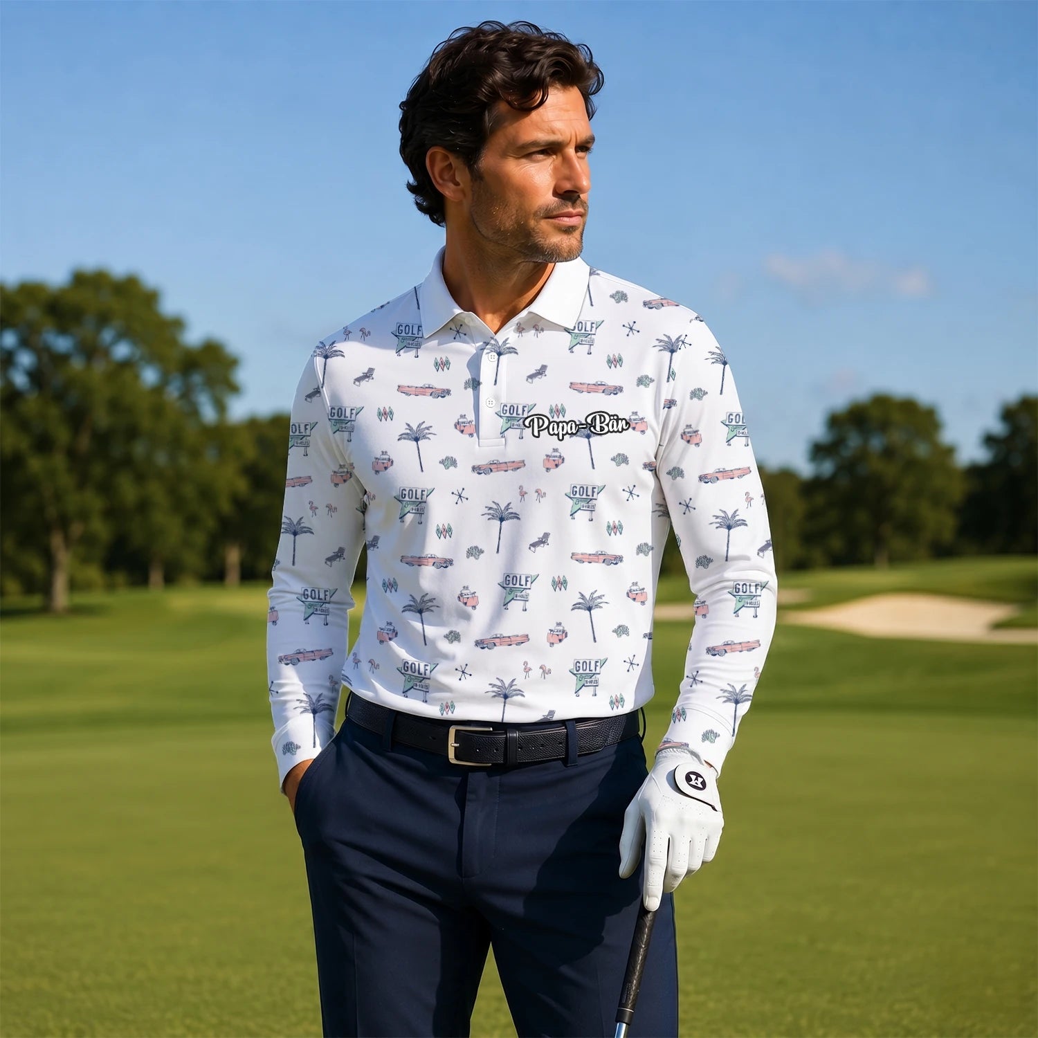 Personalised White Golf Holiday Doodle Golf Polo Shirt For Men Z8344