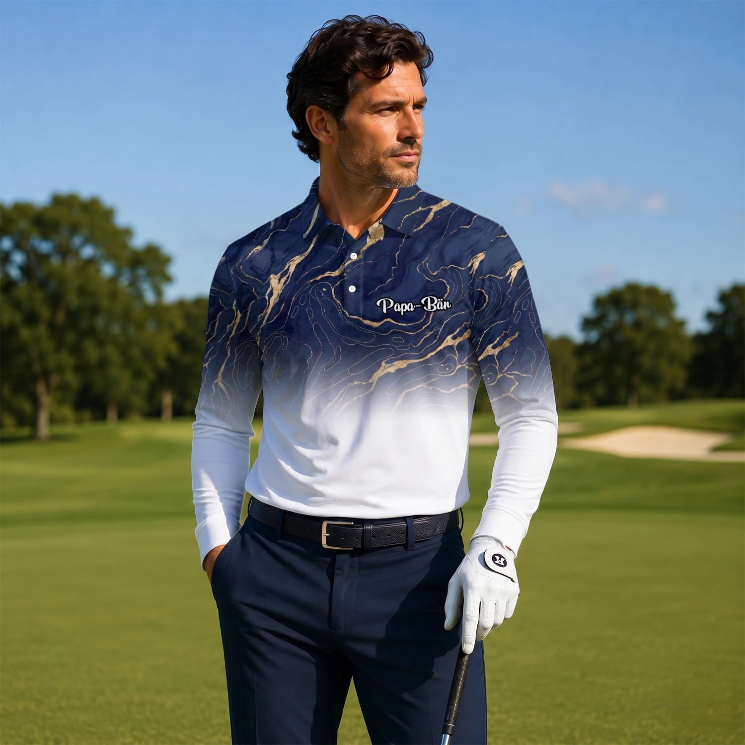 Personalised Navy White Marble Gold Vein Golf Polo Shirt For Men U5613