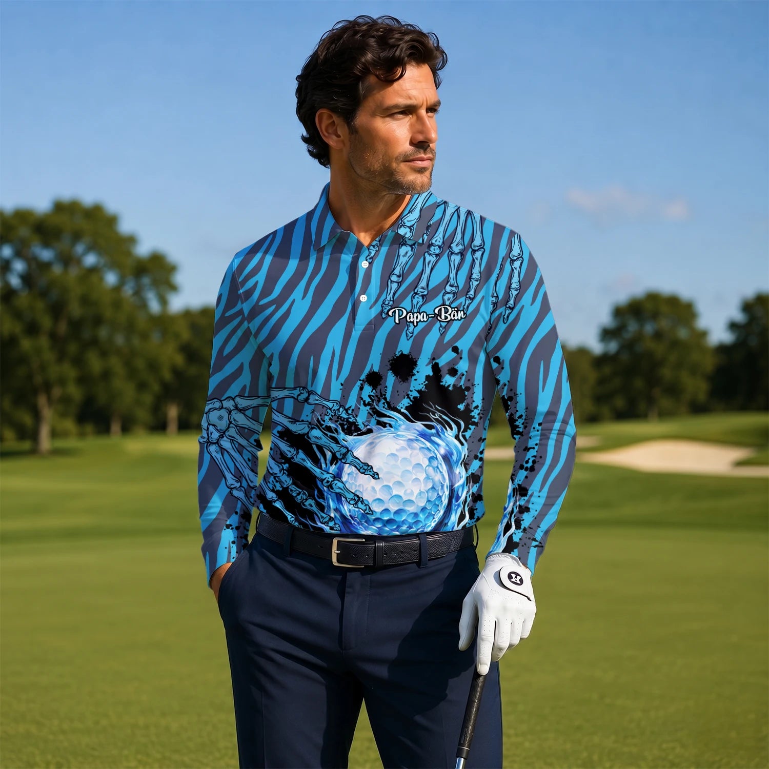 Personalised Blue Black Golf Ball Water Splash Golf Polo Shirt For Men B9791