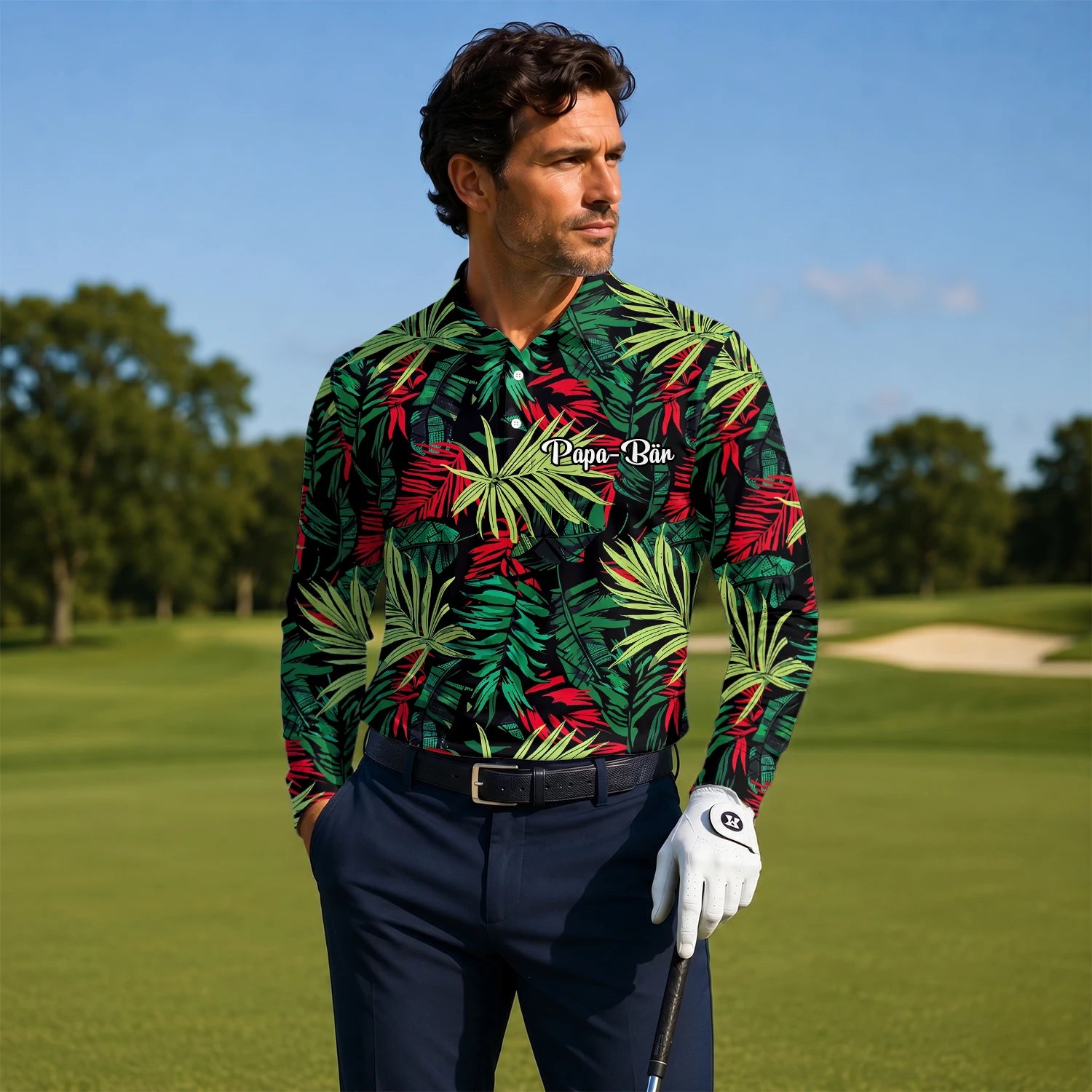 Personalised Black Green Red Tropical Leaf Golf Polo Shirt For Men U5191
