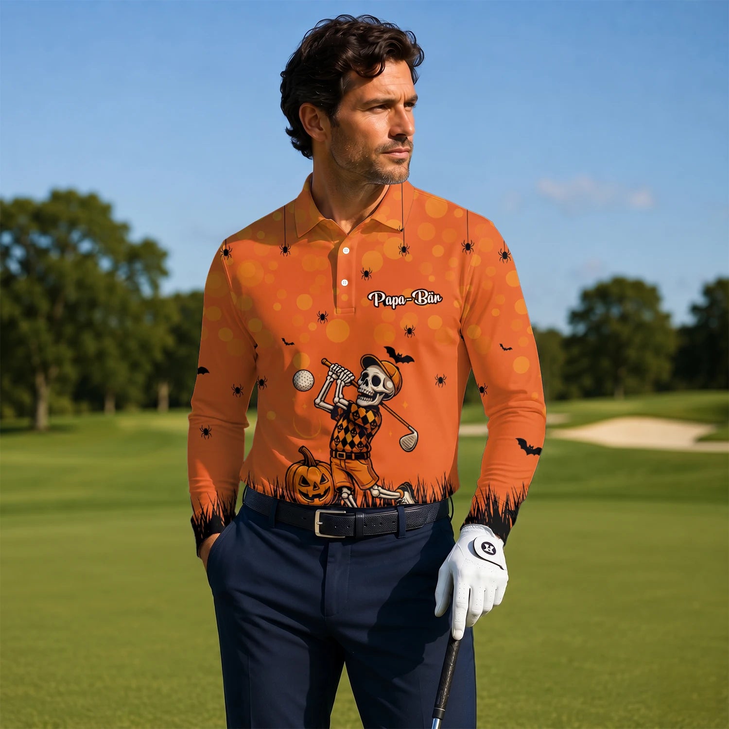 Personalised Orange Halloween Skeleton Golfer Golf Polo Shirt For Men D3851