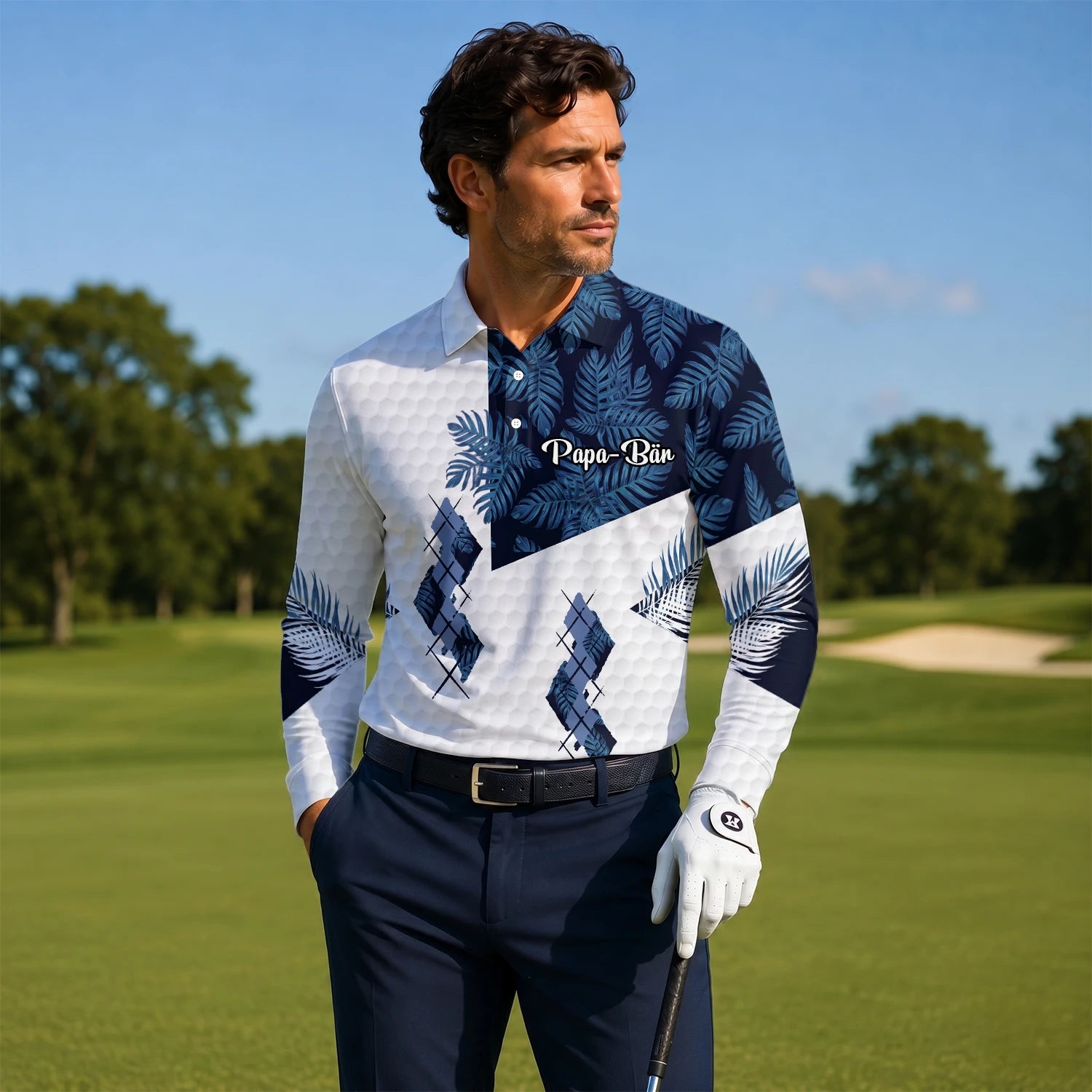 Personalised White Navy Tropical Leaf Argyle Golf Polo Shirt For Men D6549