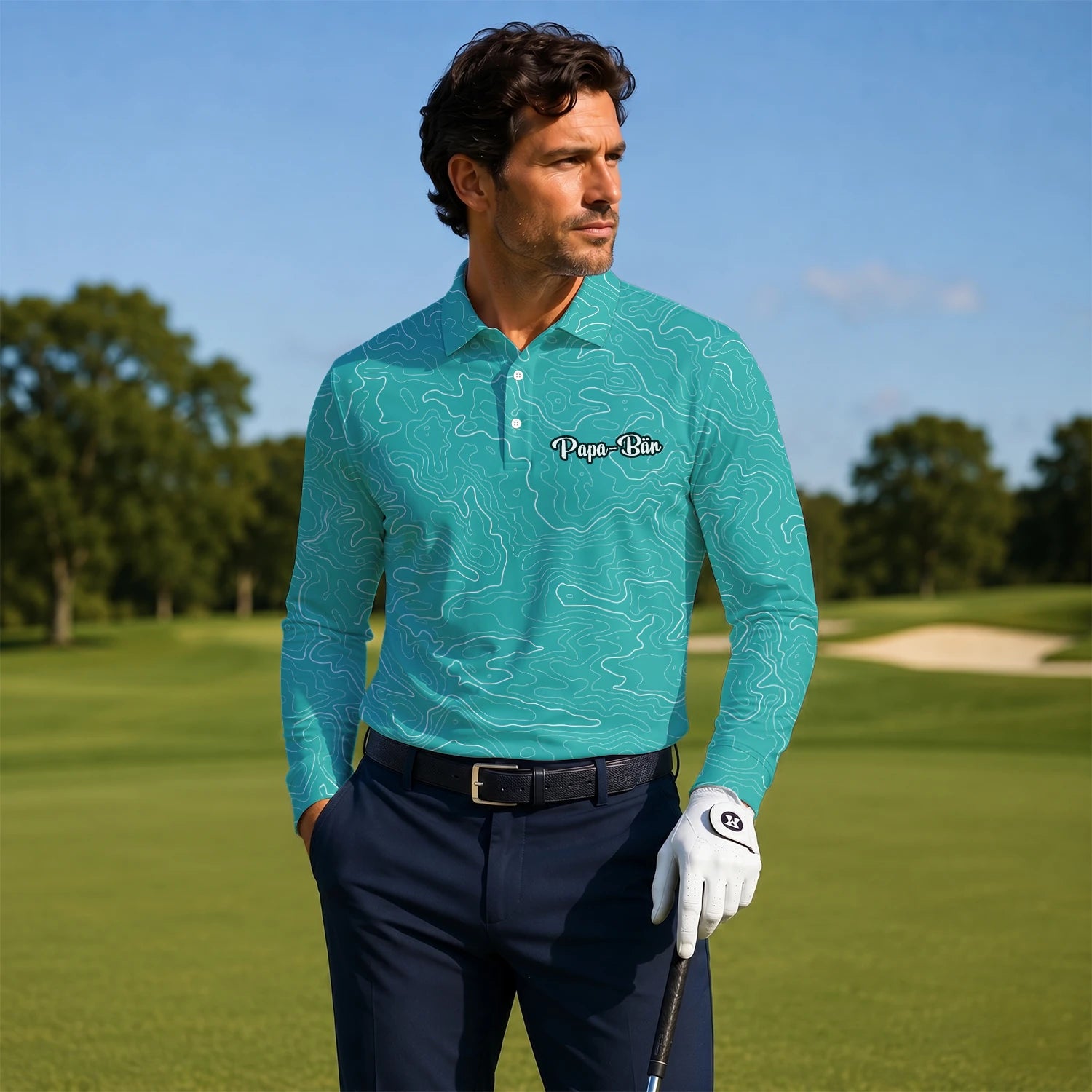 Personalised Teal Topographic Contour Line Golf Polo Shirt For Men U3552