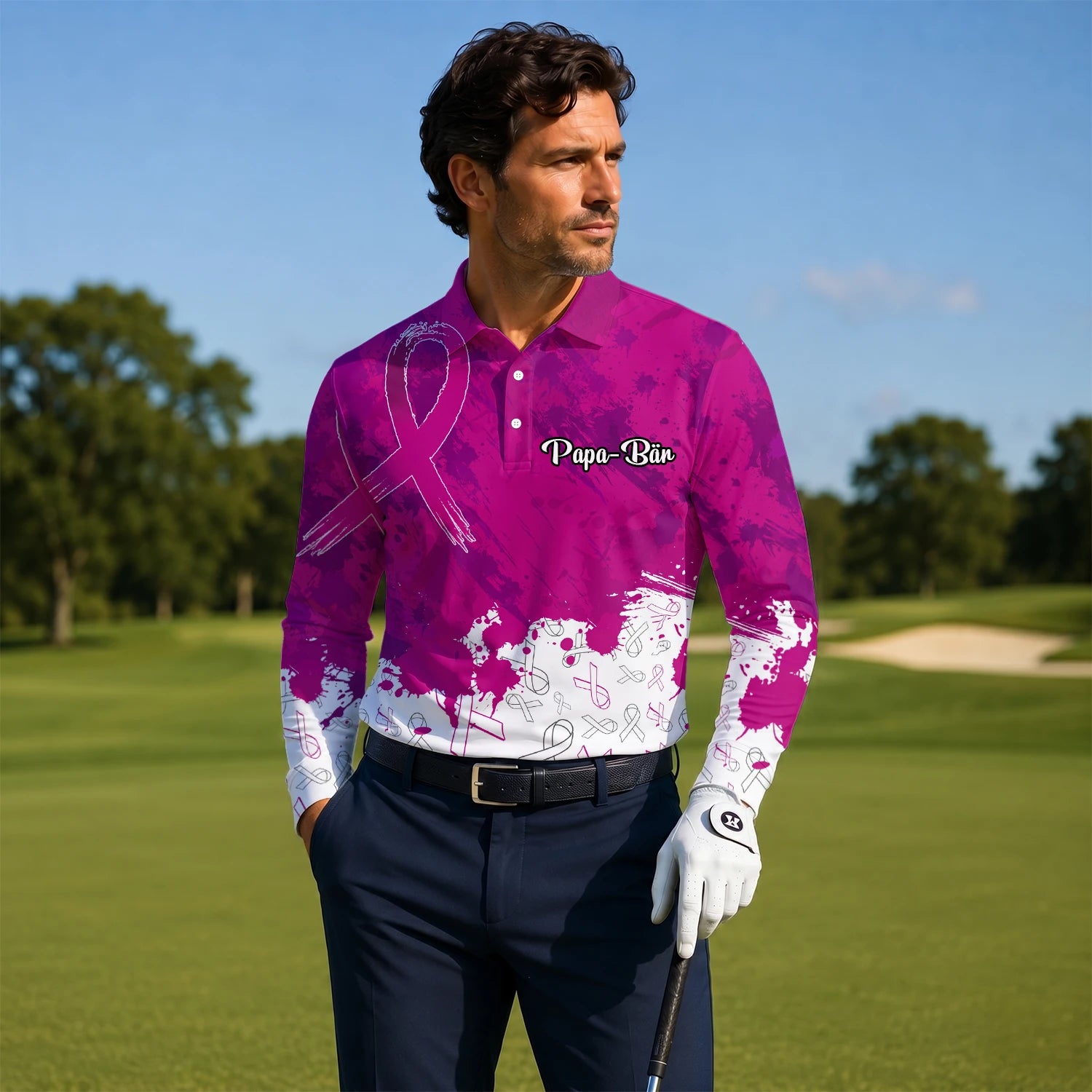 Personalised Magenta Breast Cancer Awareness Ribbon Paint Splash Golf Polo Shirt For Men Q5636
