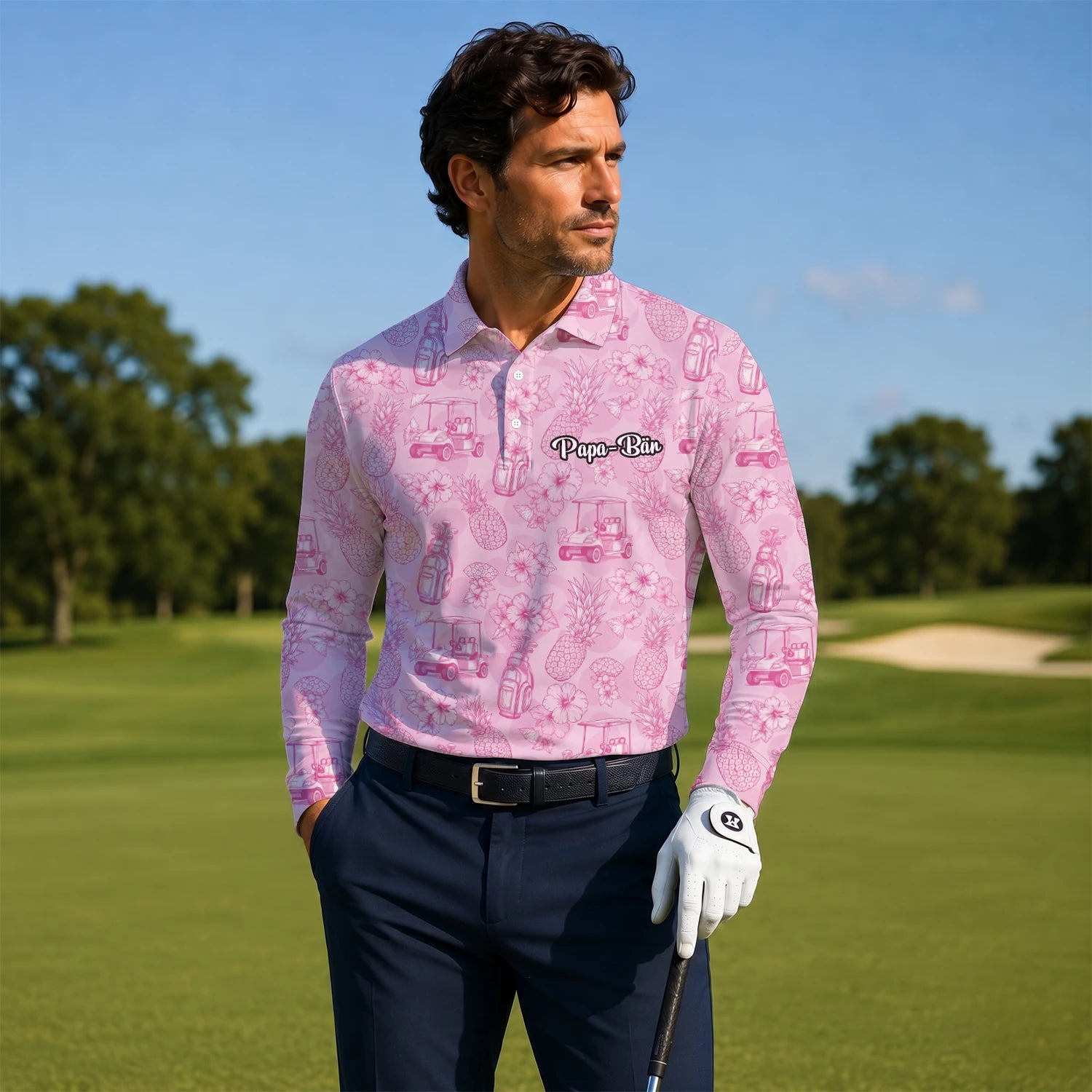 Personalised Pink Golf Cart Floral Toile Golf Polo Shirt For Men T8127