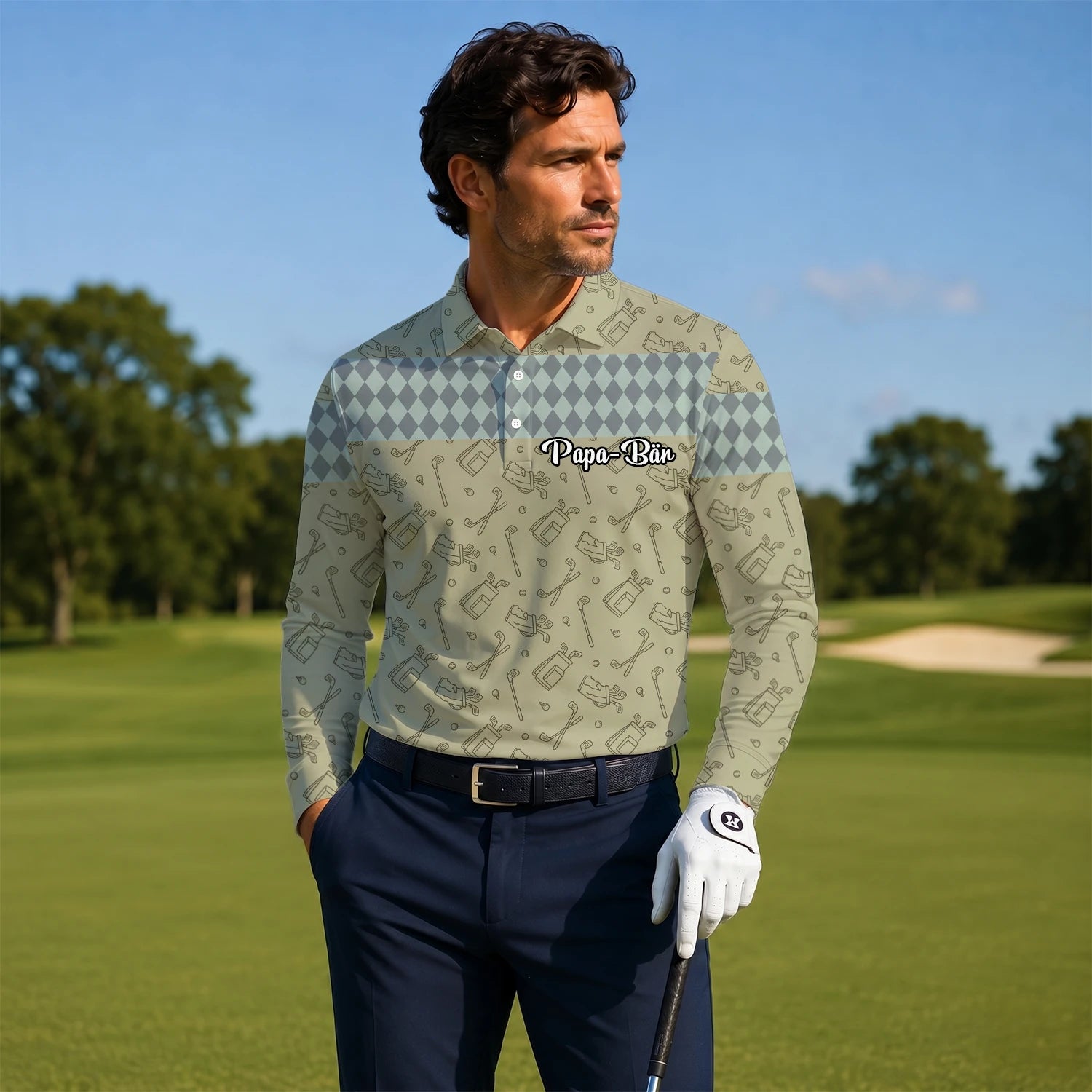 Personalised Khaki Golf Club Sketch Argyle Golf Polo Shirt For Men K5983