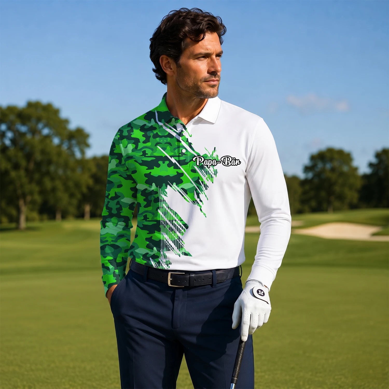Personalised White Green Camo Brush Stripe Golf Polo Shirt For Men E9788