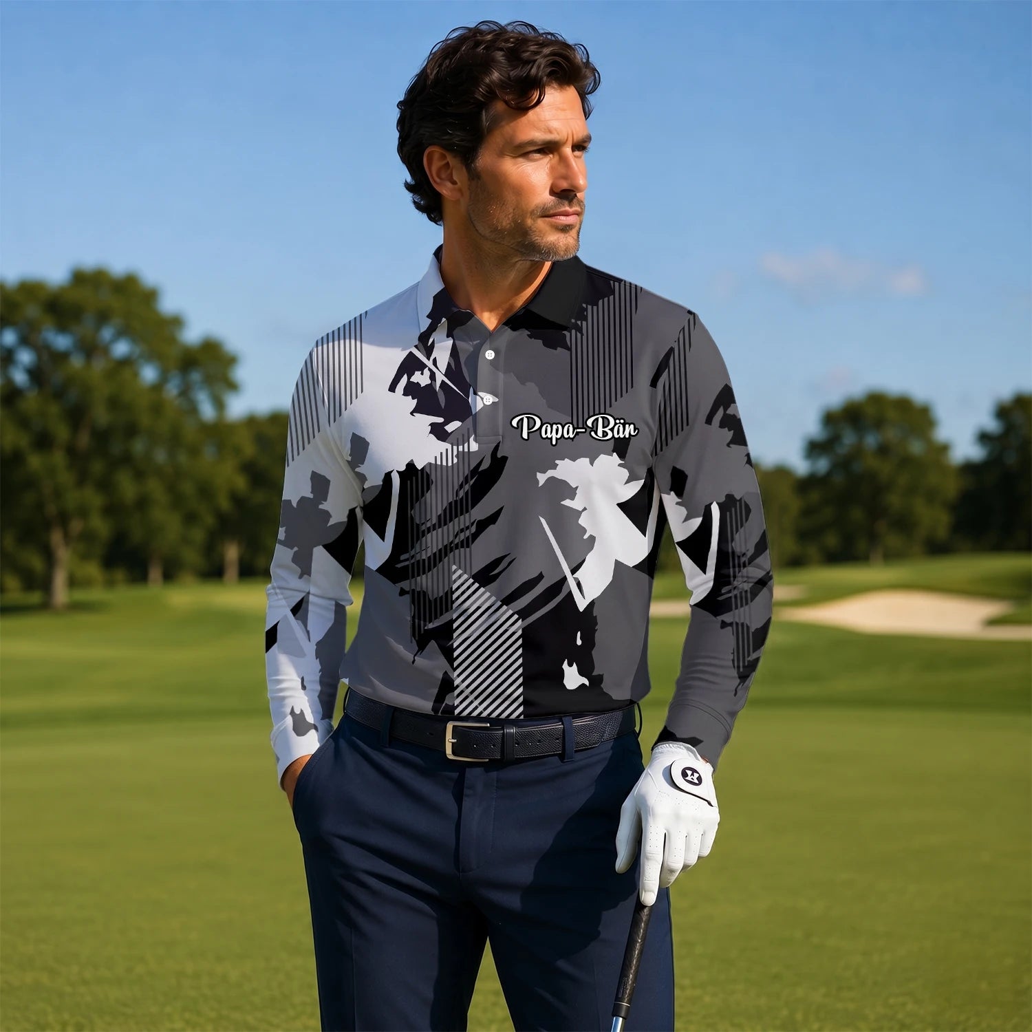 Personalised Grey Black Abstract Brush Stripe Golf Polo Shirt For Men I7293