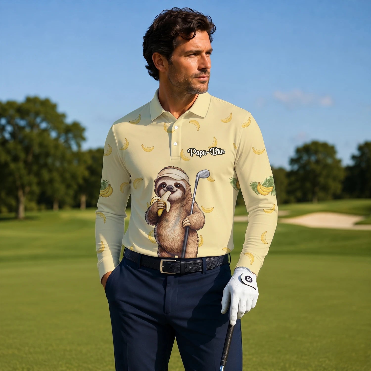 Personalised Pale Yellow Sloth Banana Golfer Cartoon Golf Polo Shirt For Men G3327