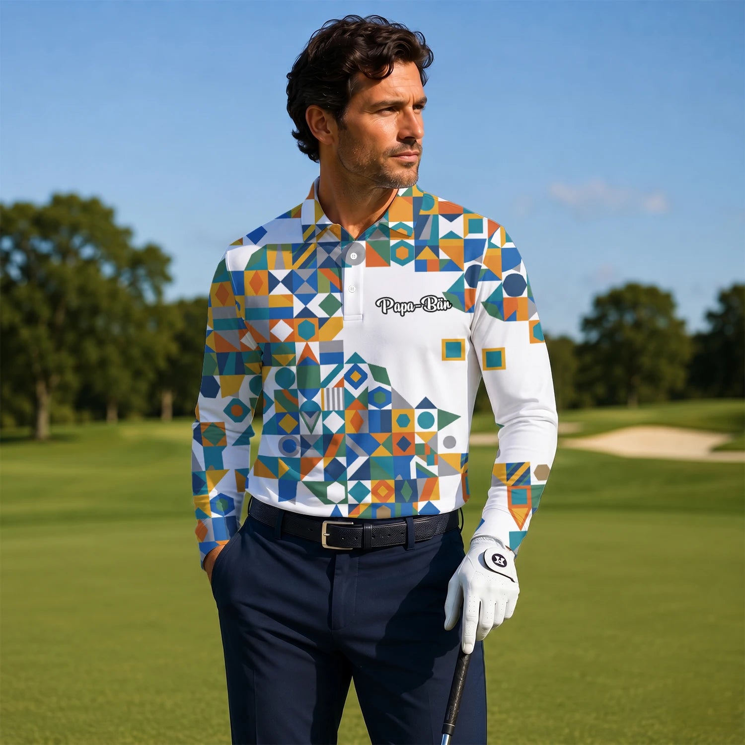 Personalised White Teal Orange Geometric Patchwork Golf Polo Shirt For Men K5362