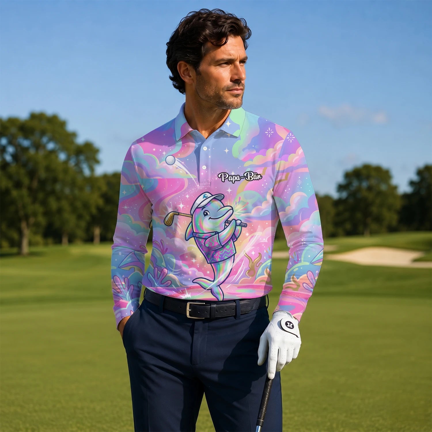 Personalised Pastel Rainbow Dolphin Golfer Cartoon Golf Polo Shirt For Men L3862