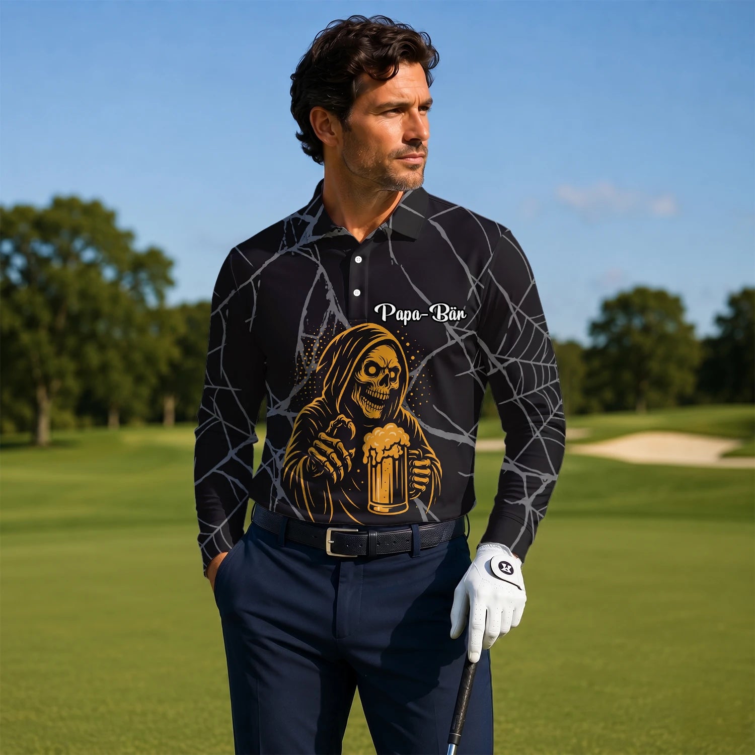 Personalised Black Gold Grim Reaper Beer Golf Polo Shirt For Men J8667
