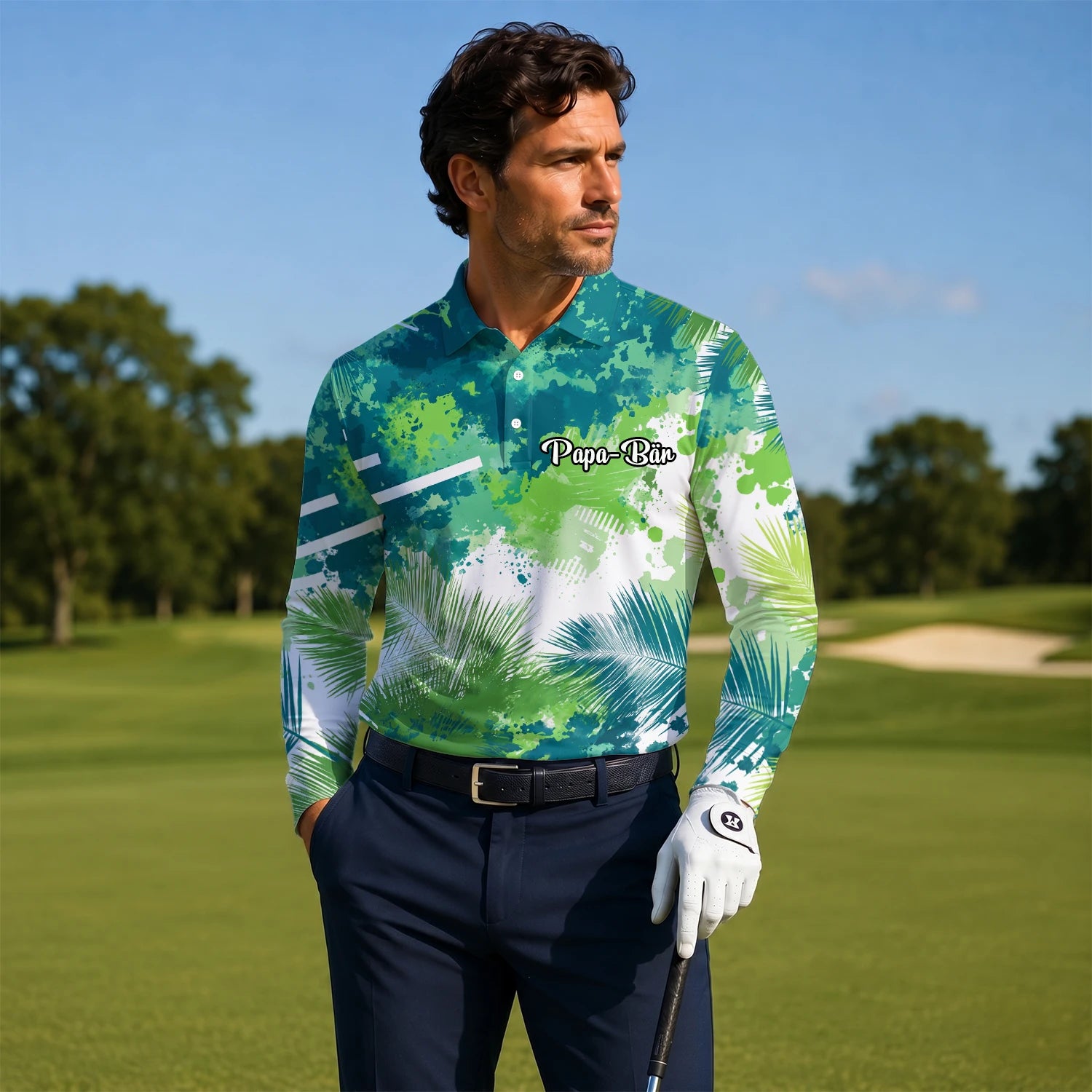 Personalised Green Blue Tropical Leaf Paint Splash Golf Polo Shirt For Men B7869