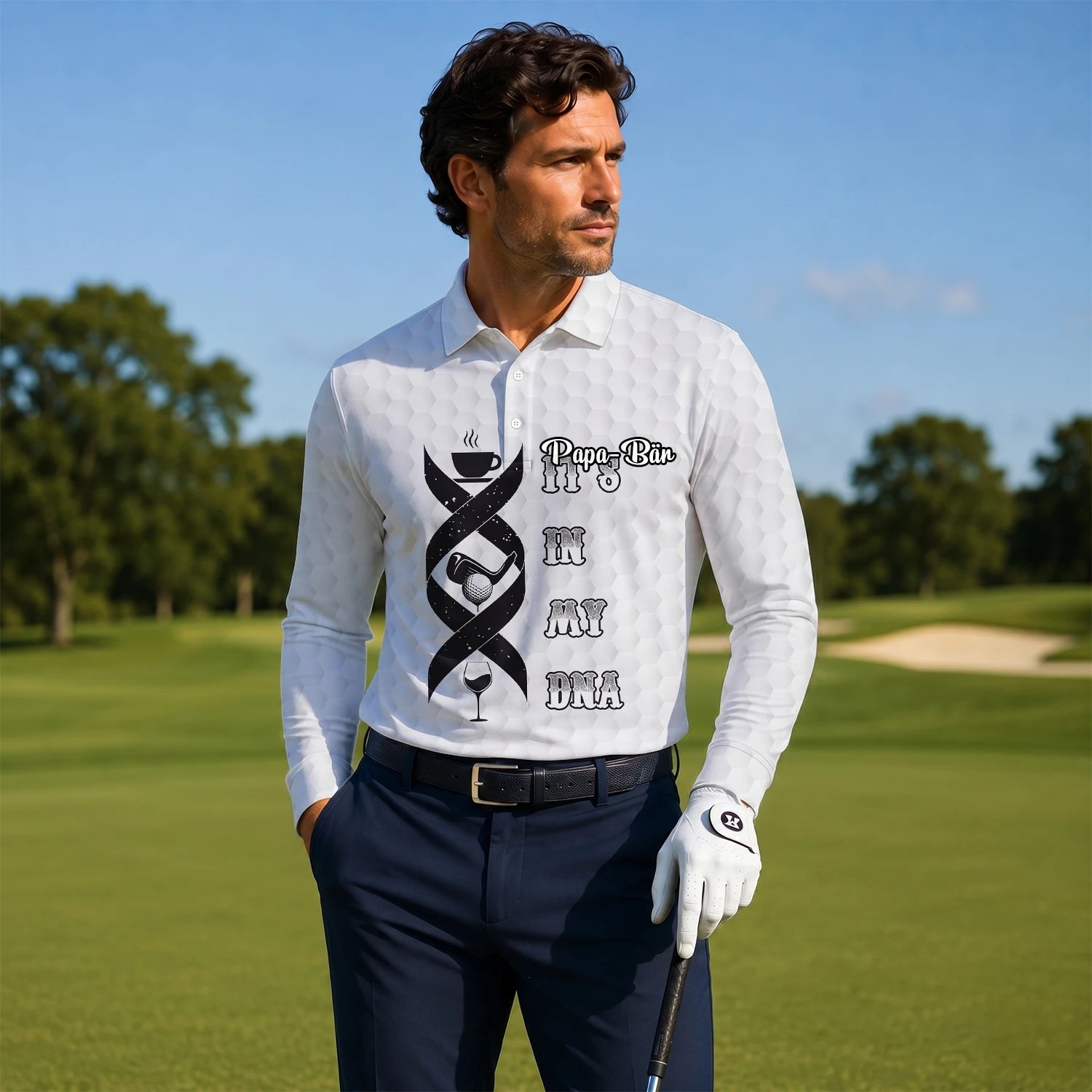 Personalised White Golf In My DNA Slogan Golf Polo Shirt For Men W3018