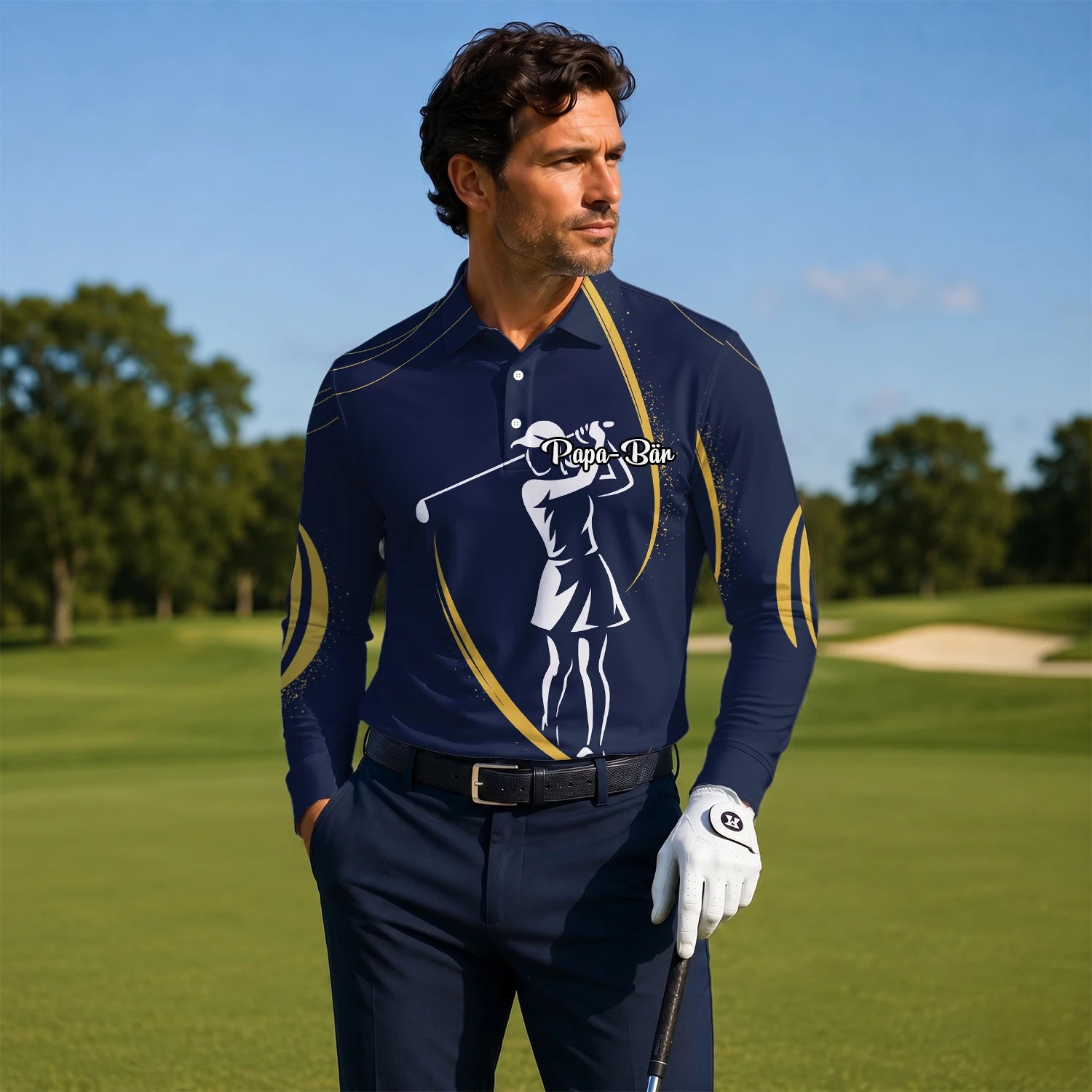 Personalised Navy Gold Golfer Silhouette Golf Polo Shirt For Men K0906